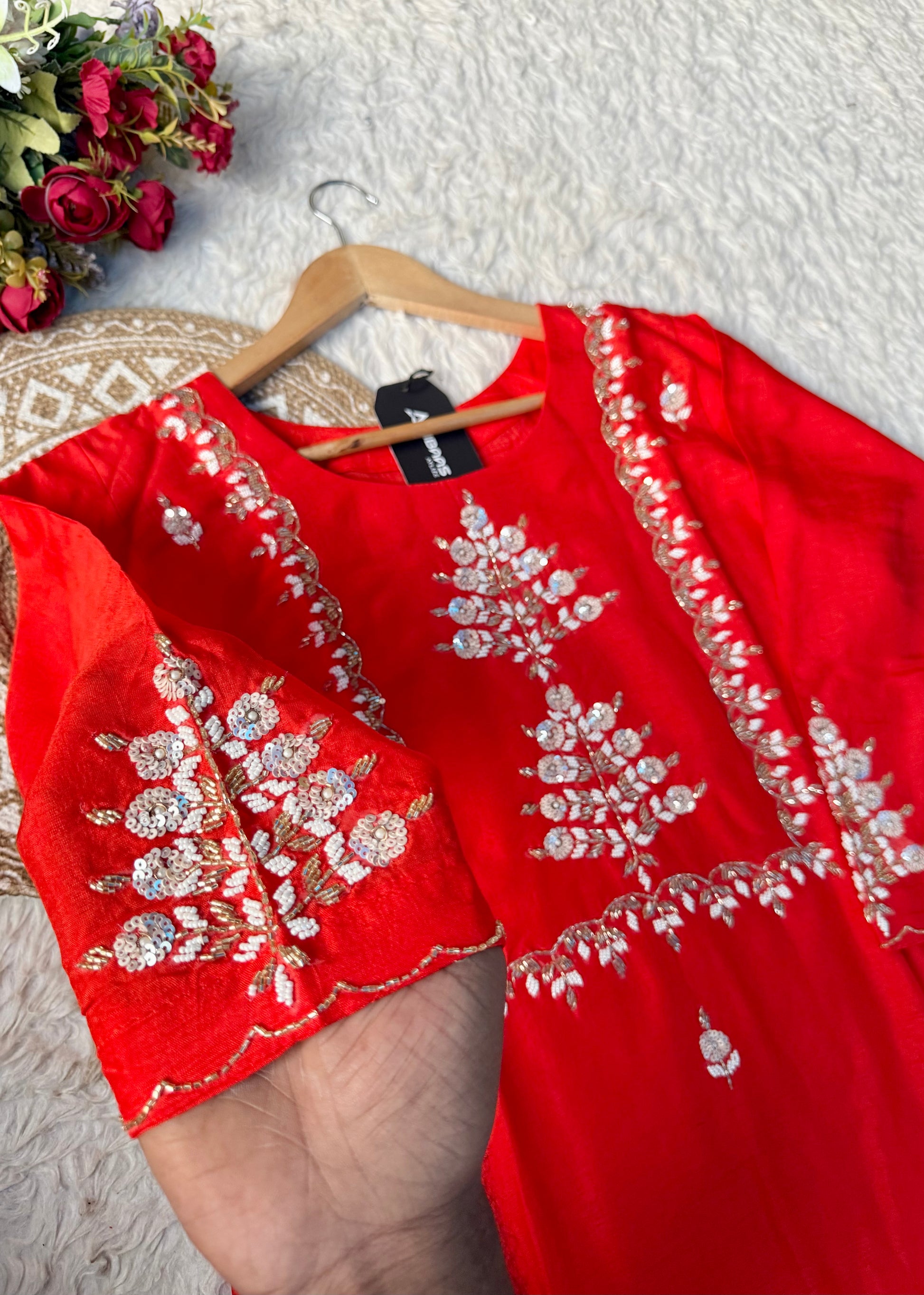 “Orange” Partywear Orange heavy handwork Dola Silk Kurta Set