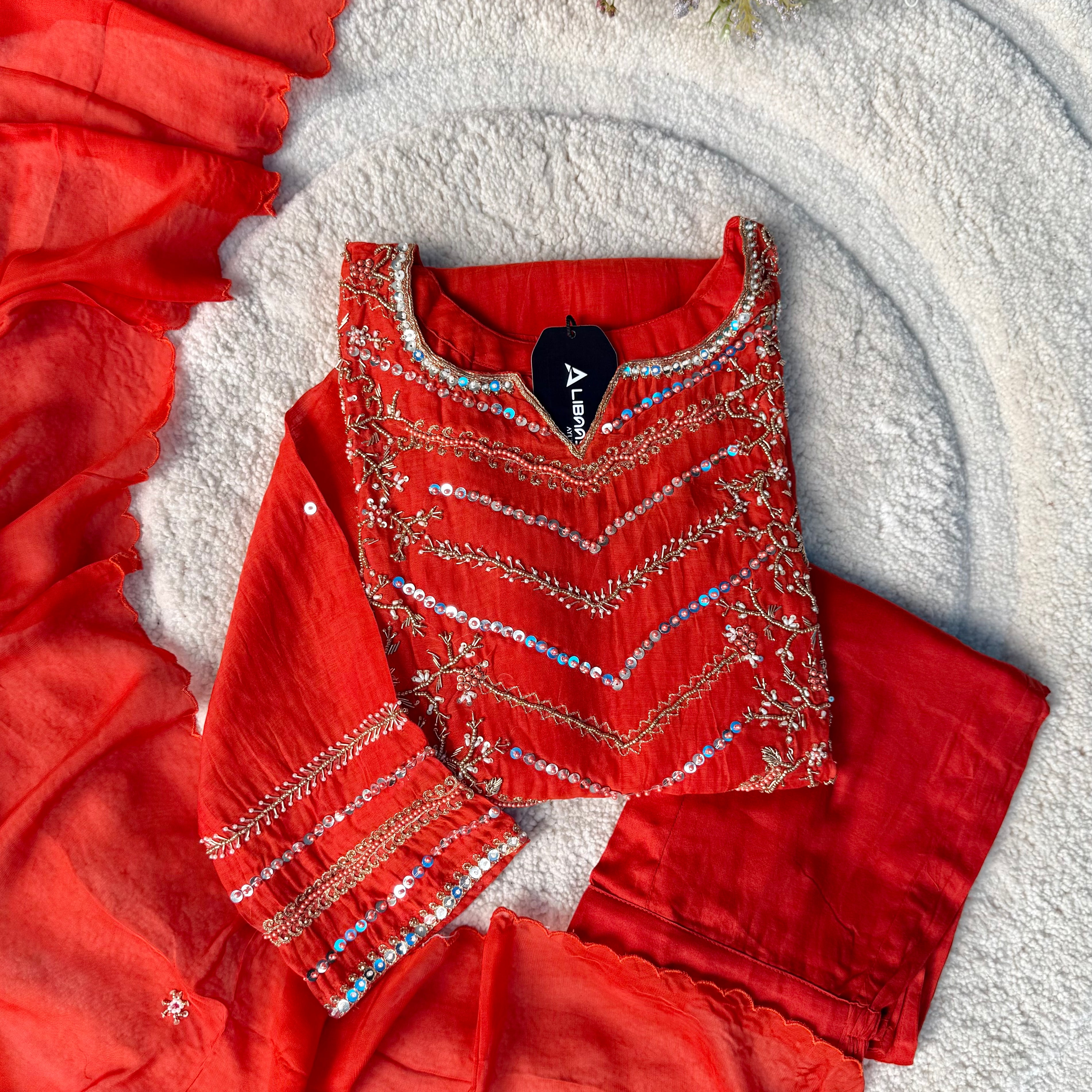 “Chanda” Premium karwa orange mul chanderi A line kurta set