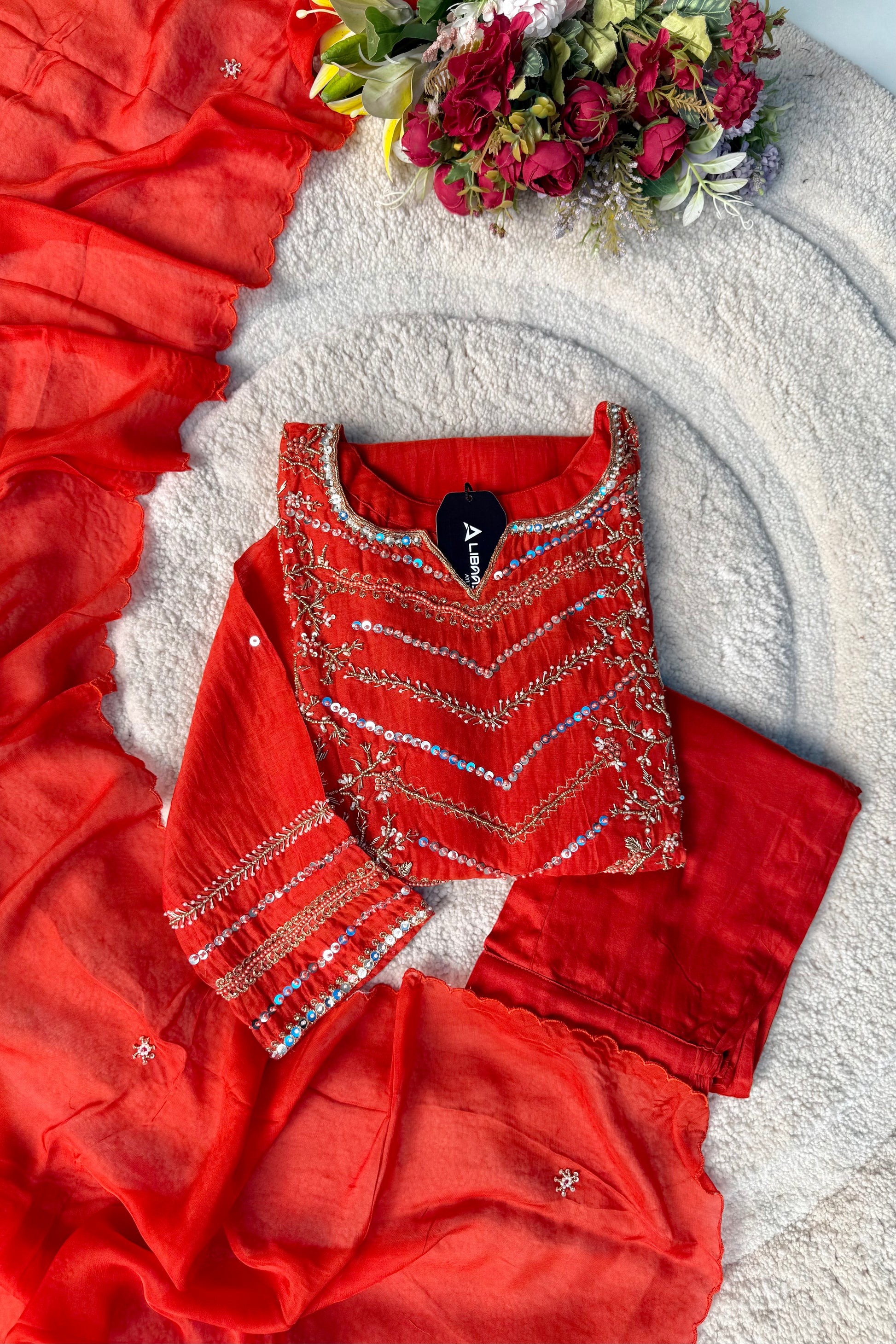 “Chanda” Premium karwa orange mul chanderi A line kurta set