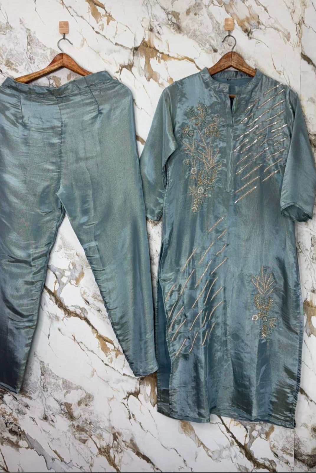 “Zena” Premium Teal Blue Tissue Silk Kurta Set with Elegant Handwork