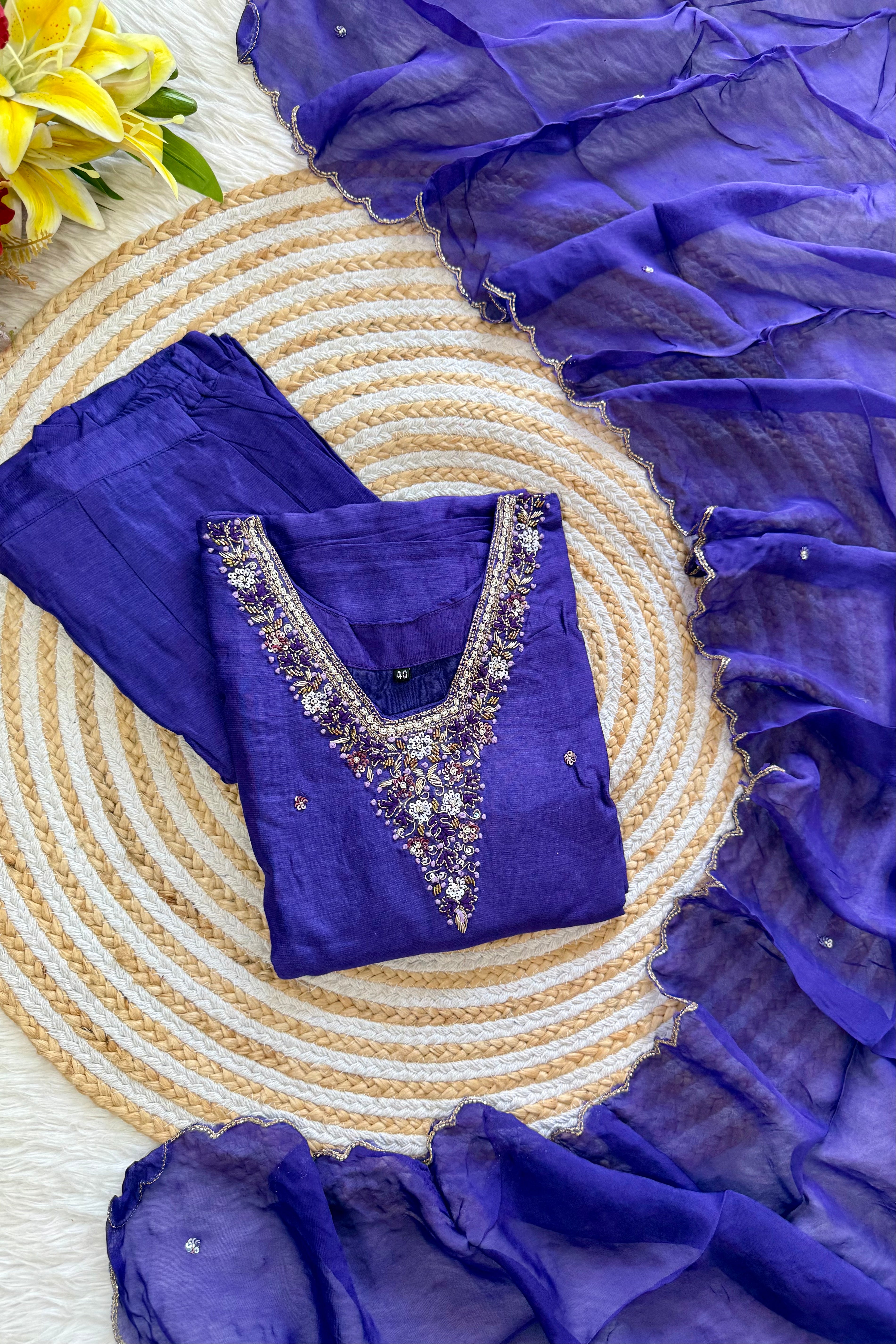 “Aura” V neck handcrafted dola silk kurti set