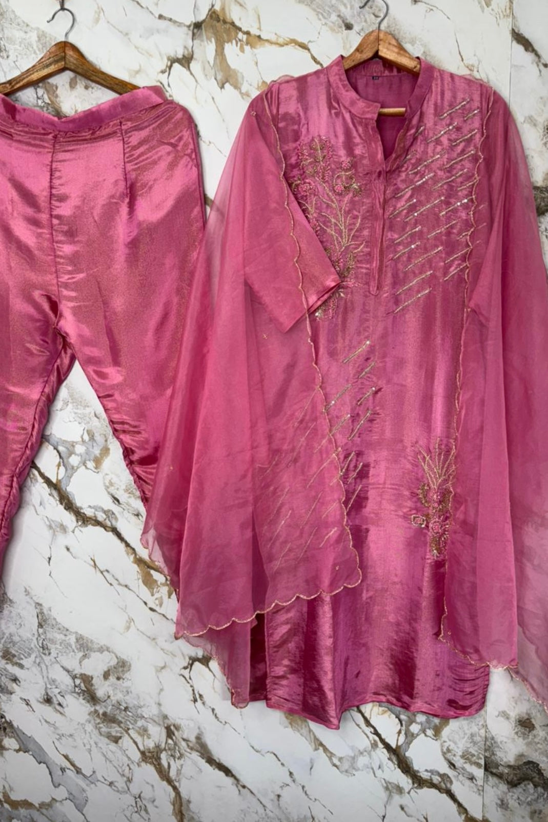 “Zena” Premium Rose Pink Tissue Silk Kurta Set with Elegant Handwork