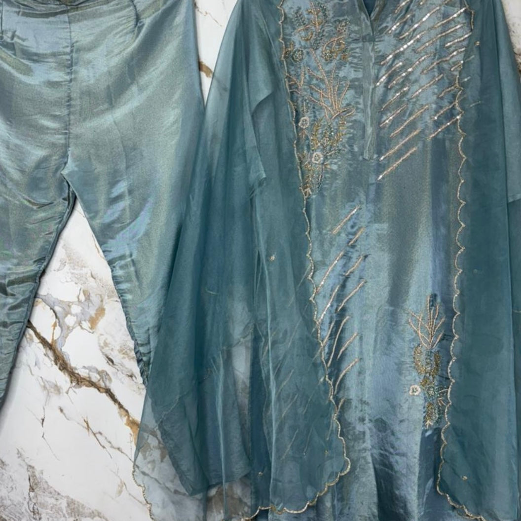 “Zena” Premium Teal Blue Tissue Silk Kurta Set with Elegant Handwork