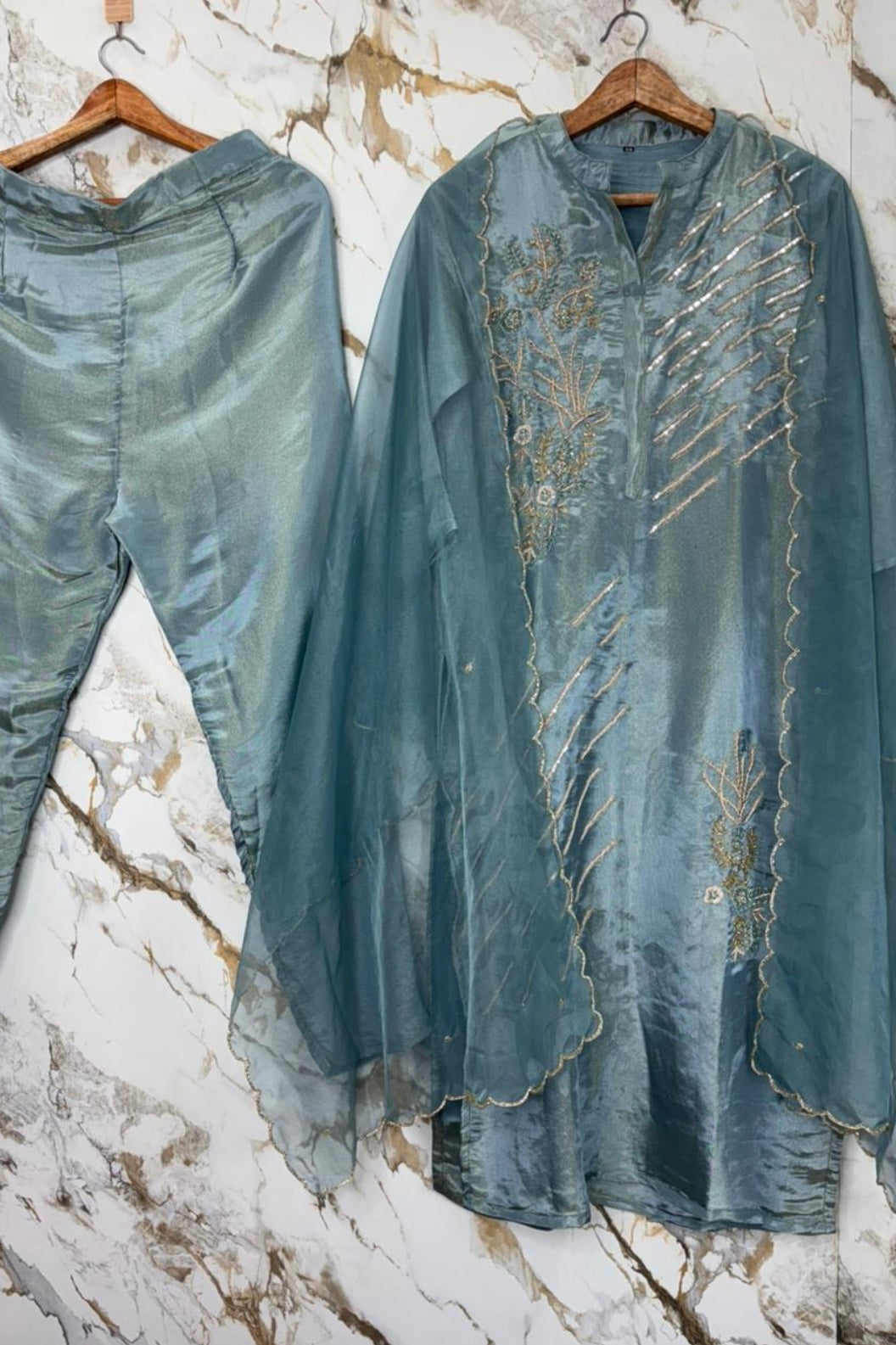 “Zena” Premium Teal Blue Tissue Silk Kurta Set with Elegant Handwork