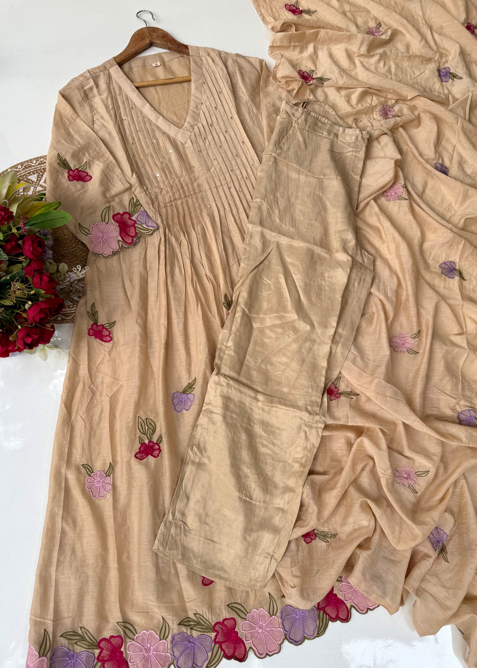 “Jhanvi” Luxury Mul Chanderi Anarkali Set | Appliqué Embroidery | Dupatta & Bottom