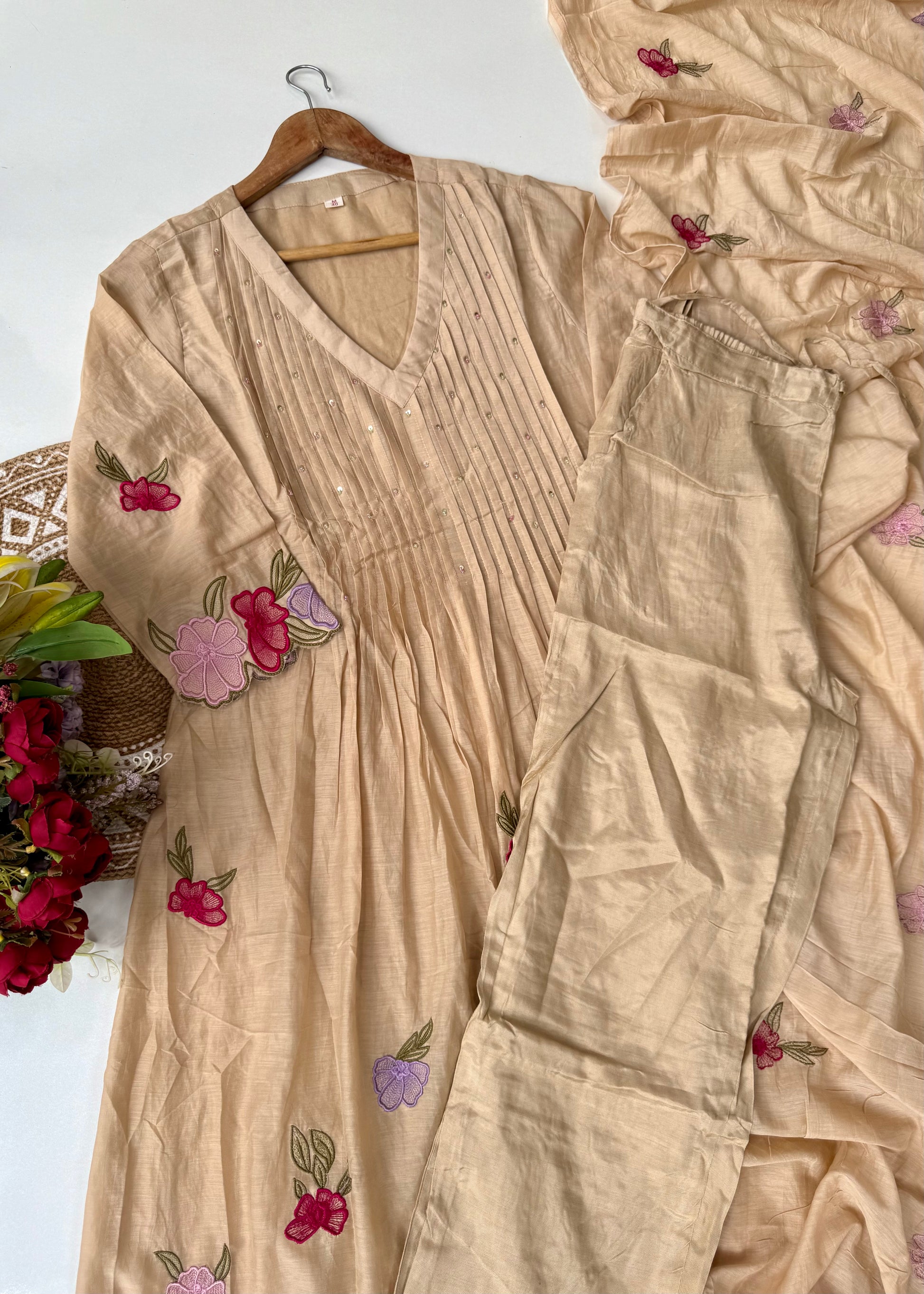 “Jhanvi” Luxury Mul Chanderi Anarkali Set | Appliqué Embroidery | Dupatta & Bottom