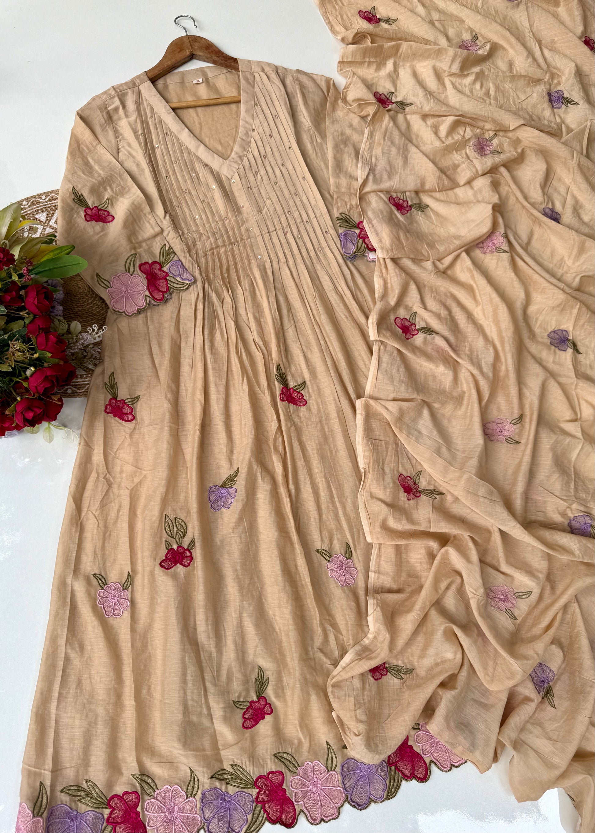 “Jhanvi” Luxury Mul Chanderi Anarkali Set | Appliqué Embroidery | Dupatta & Bottom