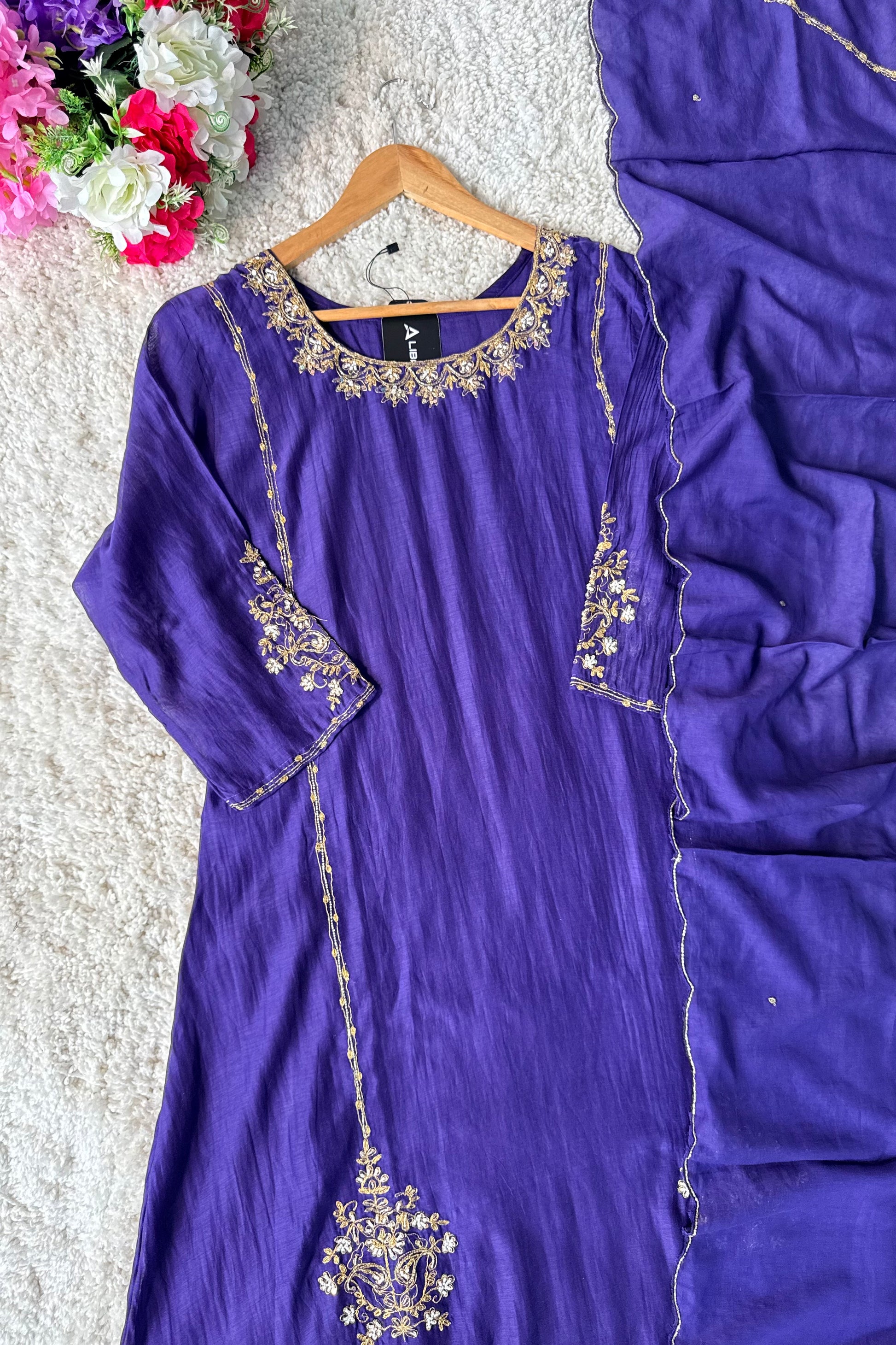 💕”Nayra – Premium Purpel Mul Chanderi A-Line Kurta Set