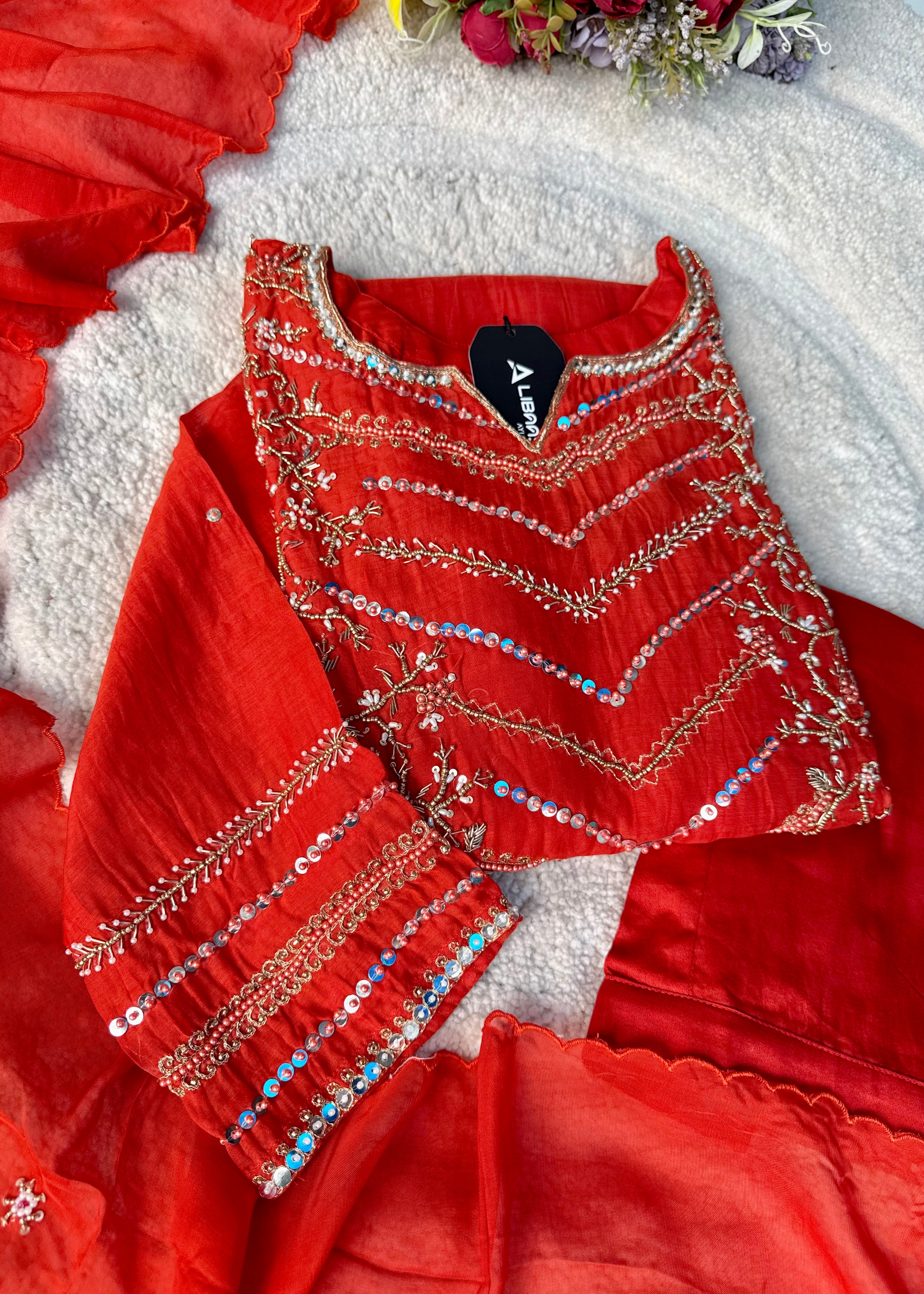 “Chanda” Premium karwa orange mul chanderi A line kurta set