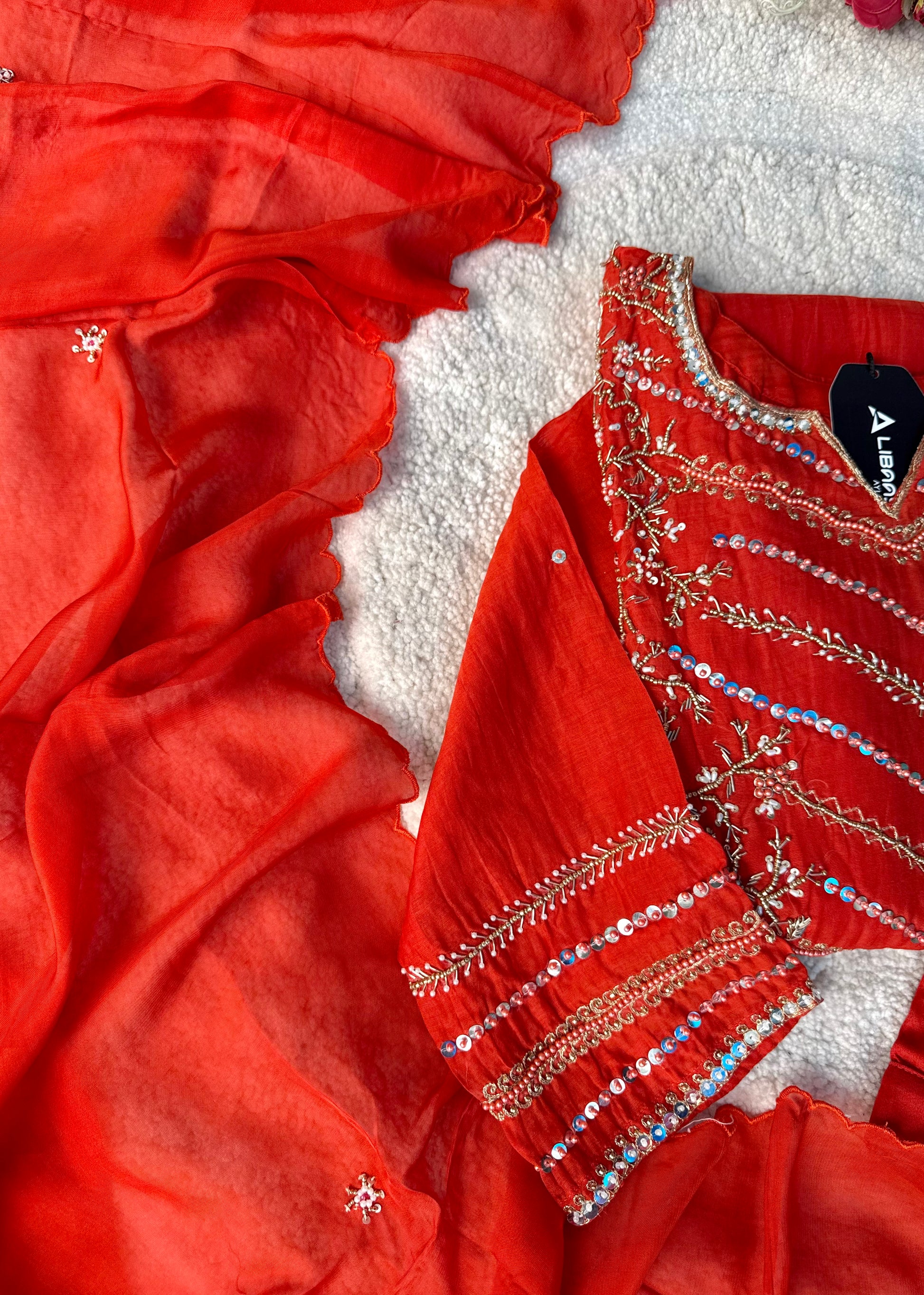 “Chanda” Premium karwa orange mul chanderi A line kurta set