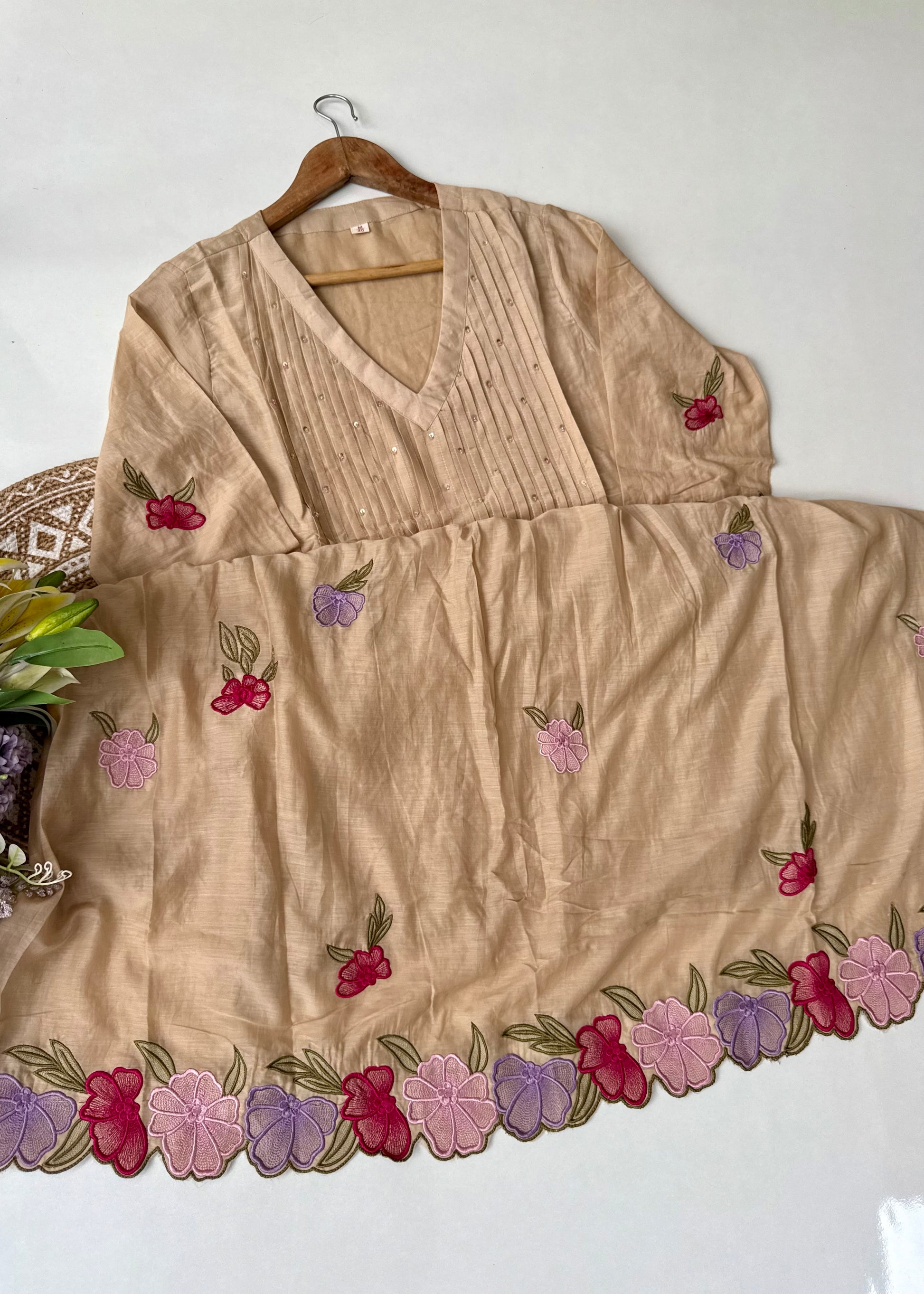 “Jhanvi” Luxury Mul Chanderi Anarkali Set | Appliqué Embroidery | Dupatta & Bottom