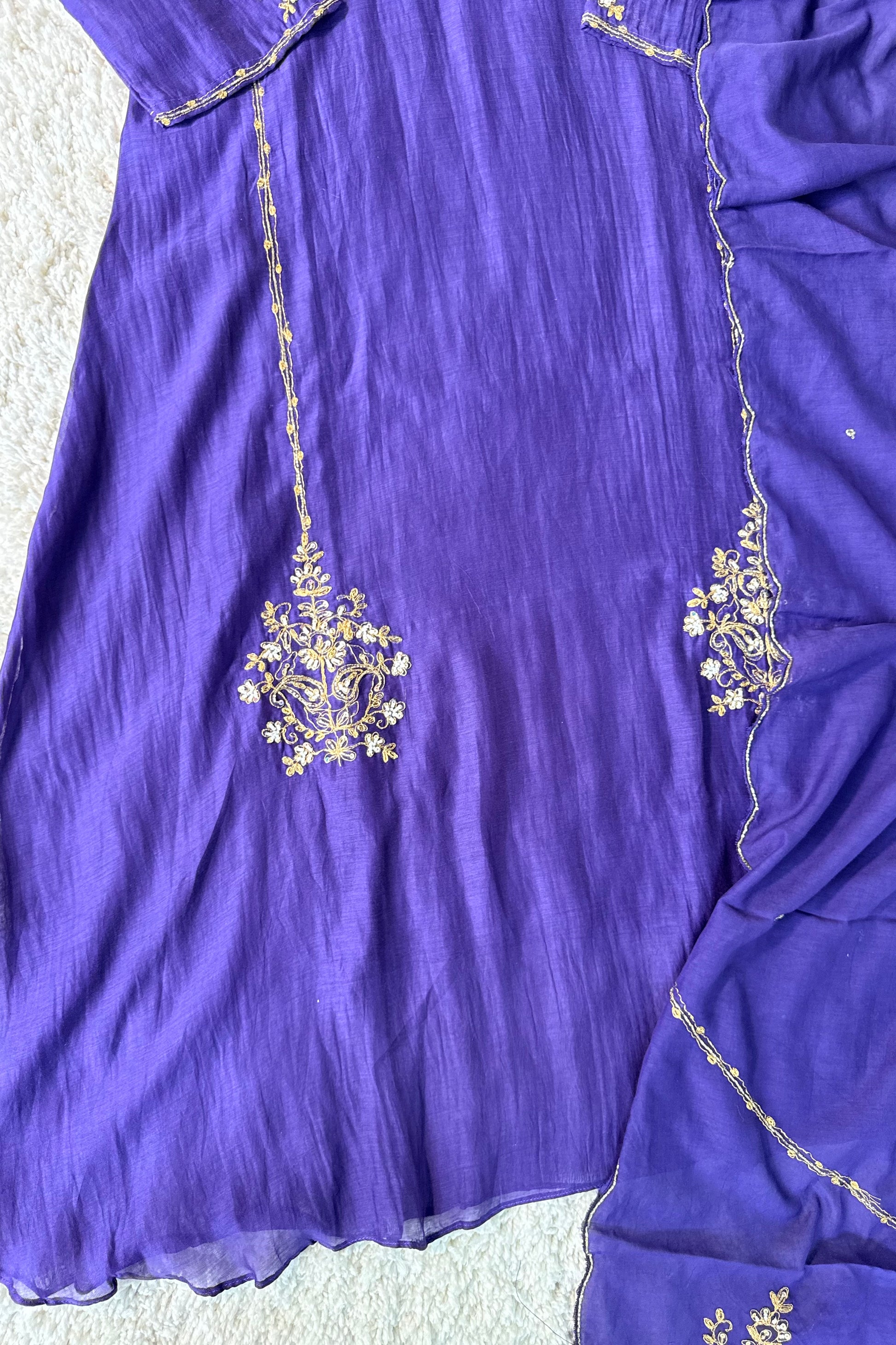 💕”Nayra – Premium Purpel Mul Chanderi A-Line Kurta Set