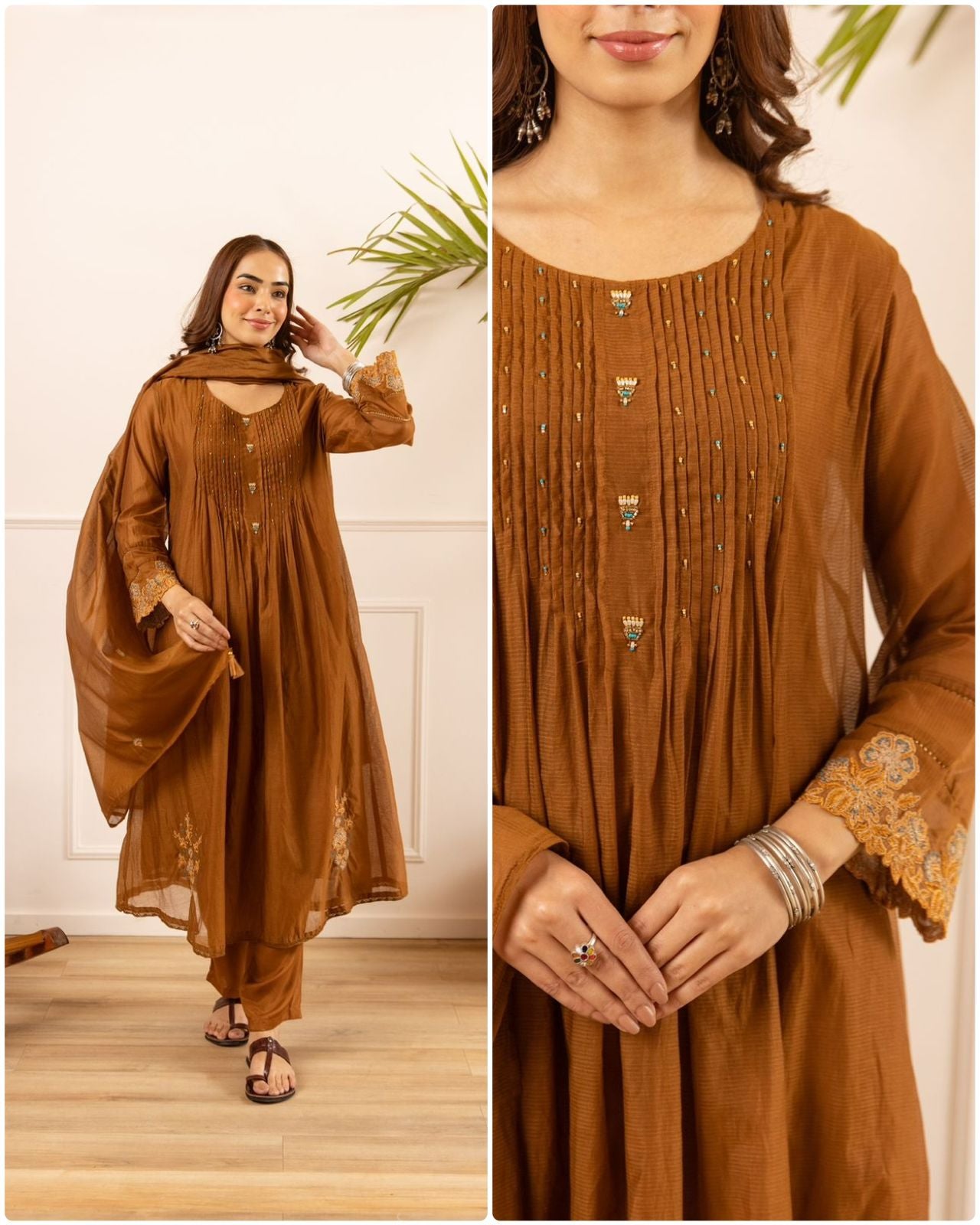 ✨Az01- Brown Kota Cotton Embroidered Anarkali Kurta Set