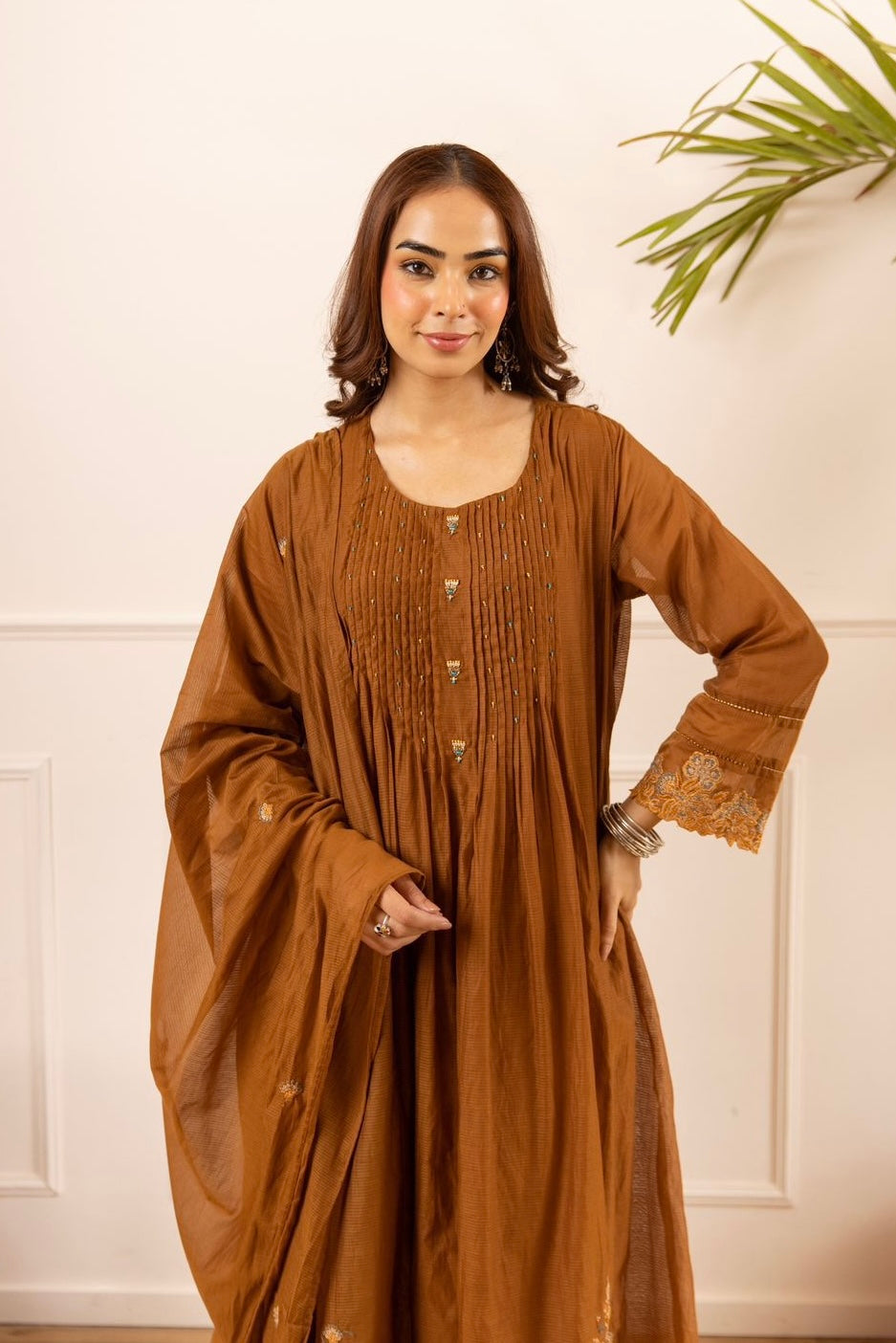 ✨Az01- Brown Kota Cotton Embroidered Anarkali Kurta Set