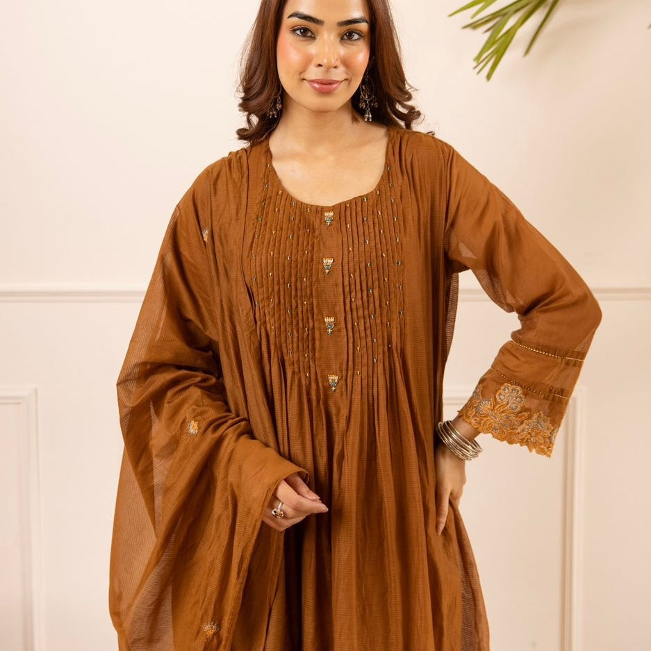 ✨Az01- Brown Kota Cotton Embroidered Anarkali Kurta Set