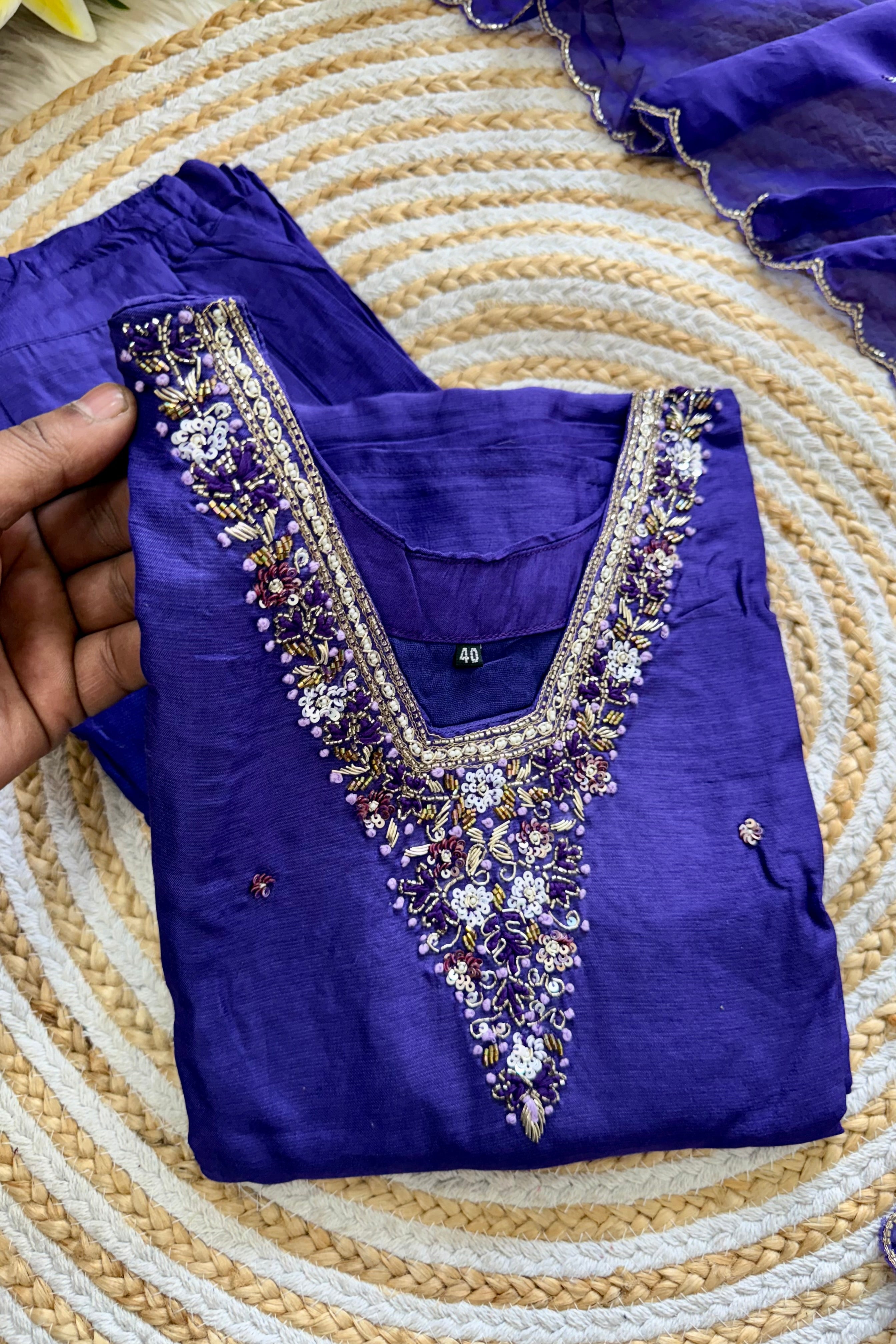 “Aura” V neck handcrafted dola silk kurti set