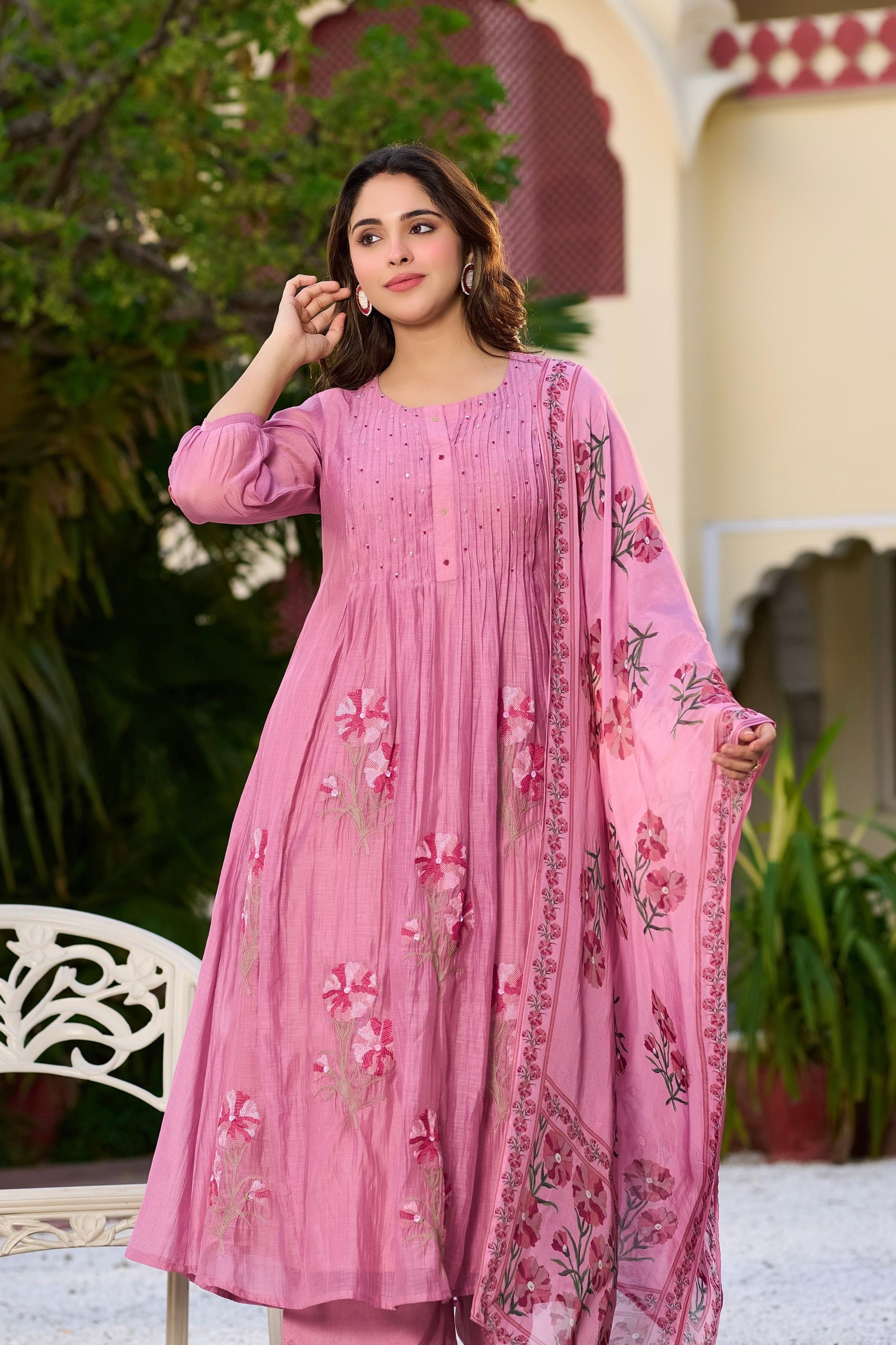 ✨Gulnaar- Rose Pink Mul Chanderi Embroidered Anarkali Kurta Set