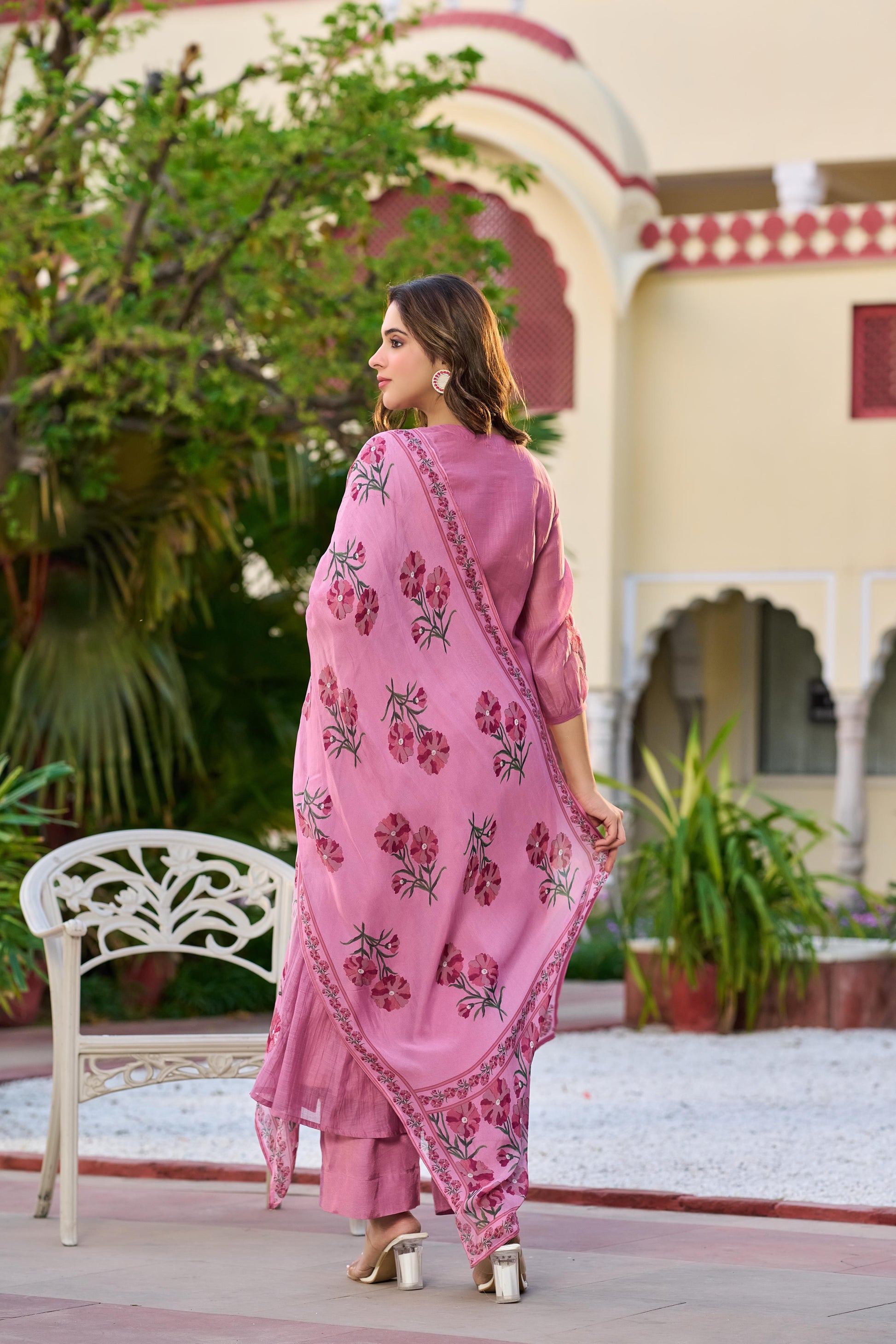 ✨Gulnaar- Rose Pink Mul Chanderi Embroidered Anarkali Kurta Set