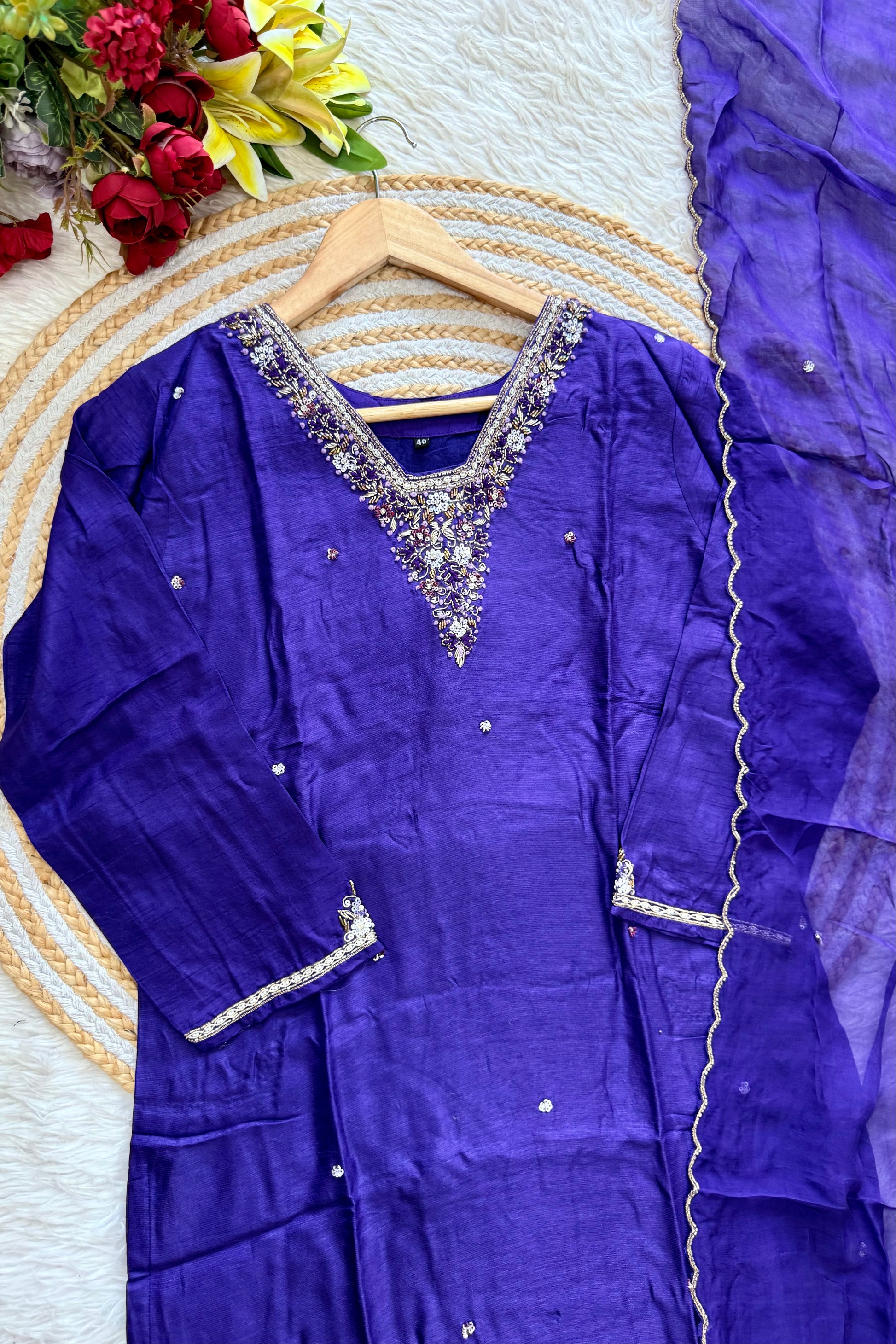 “Aura” V neck handcrafted dola silk kurti set