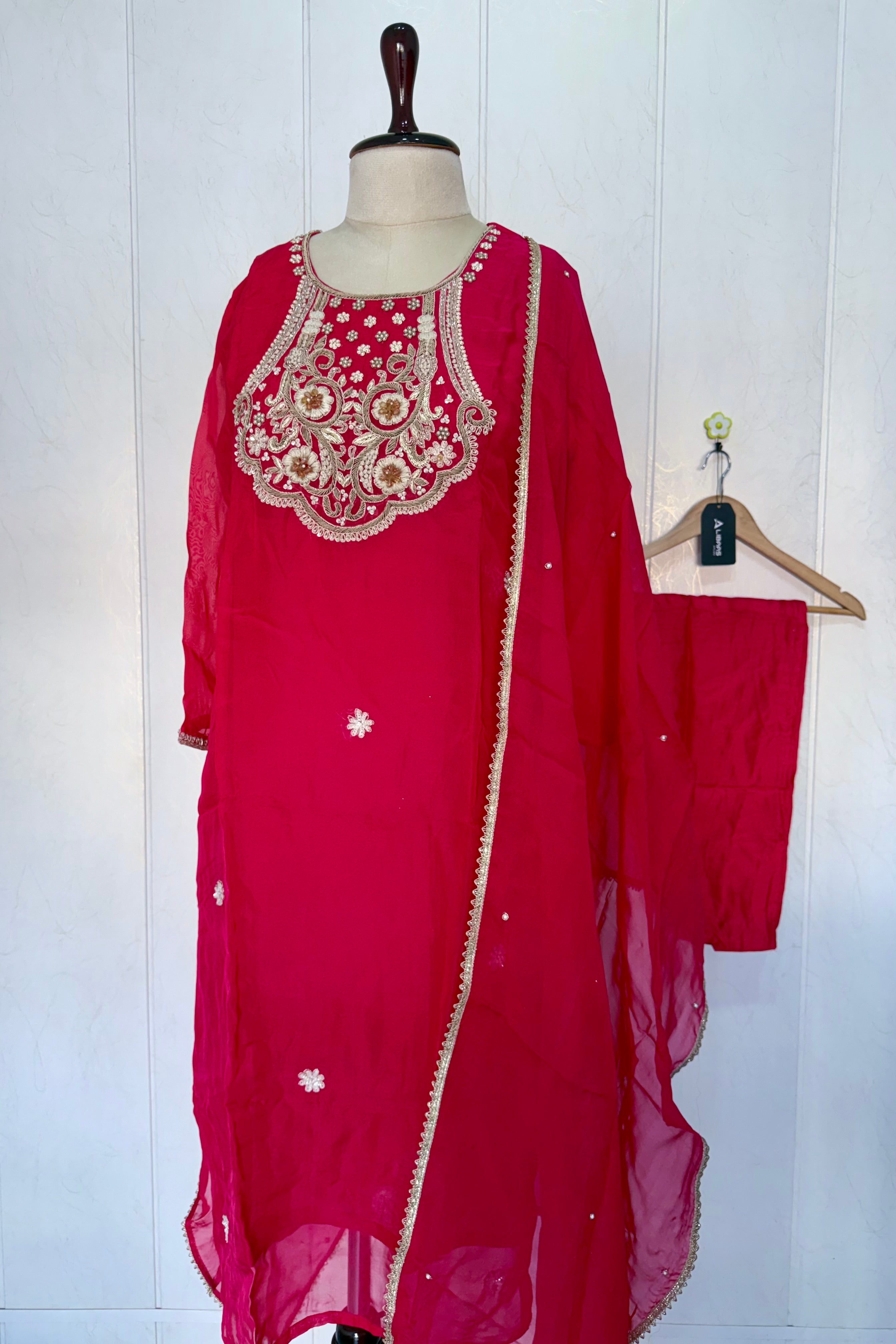 “Farah” party wear pink shade chinnon handwork set