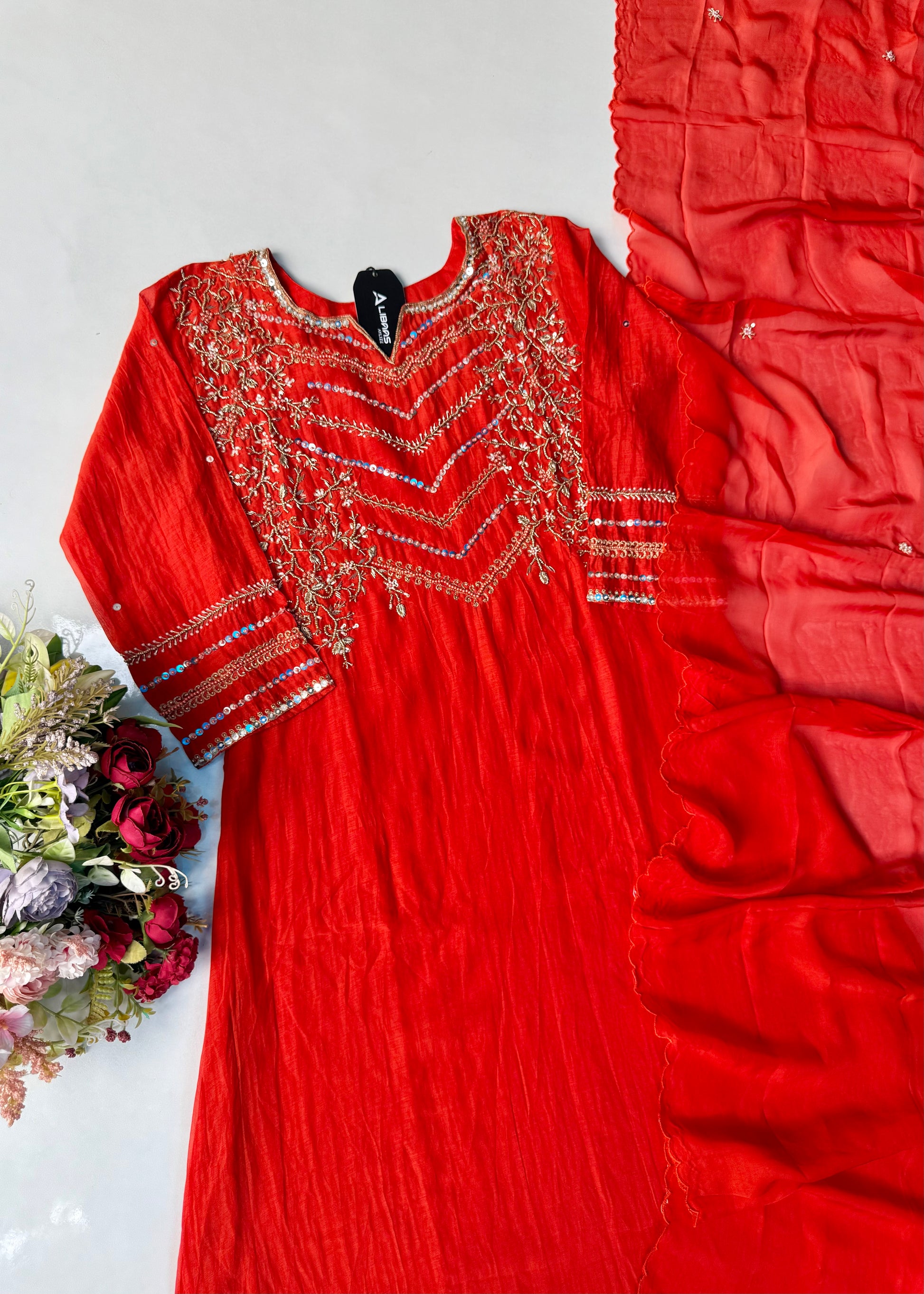 “Chanda” Premium karwa orange mul chanderi A line kurta set