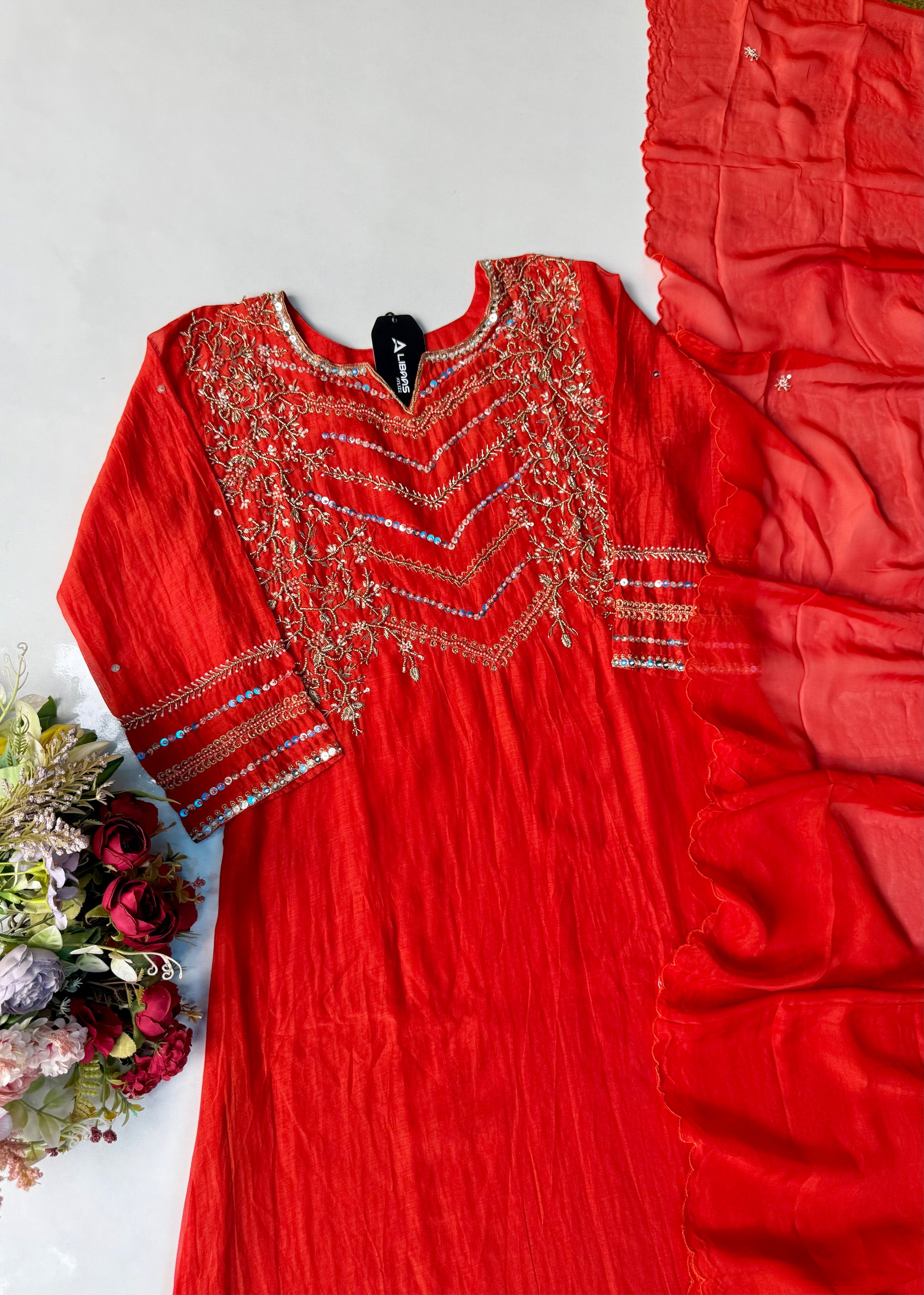 “Chanda” Premium karwa orange mul chanderi A line kurta set