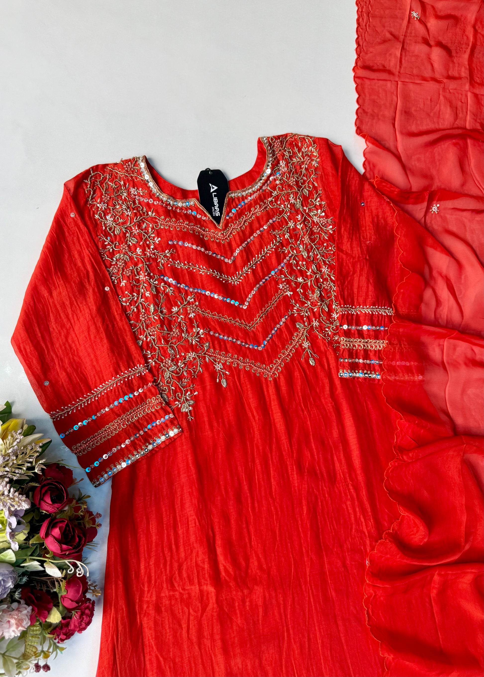 “Chanda” Premium karwa orange mul chanderi A line kurta set