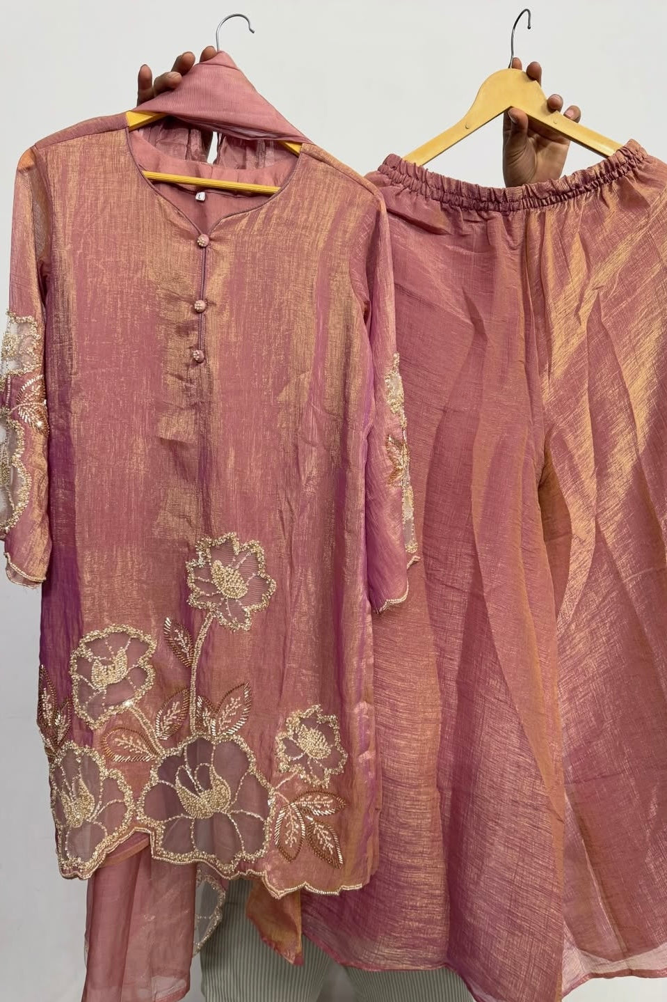 ✨Zarmina- Rose Gold Shimmer Crushed Tissue Palazzo Suit