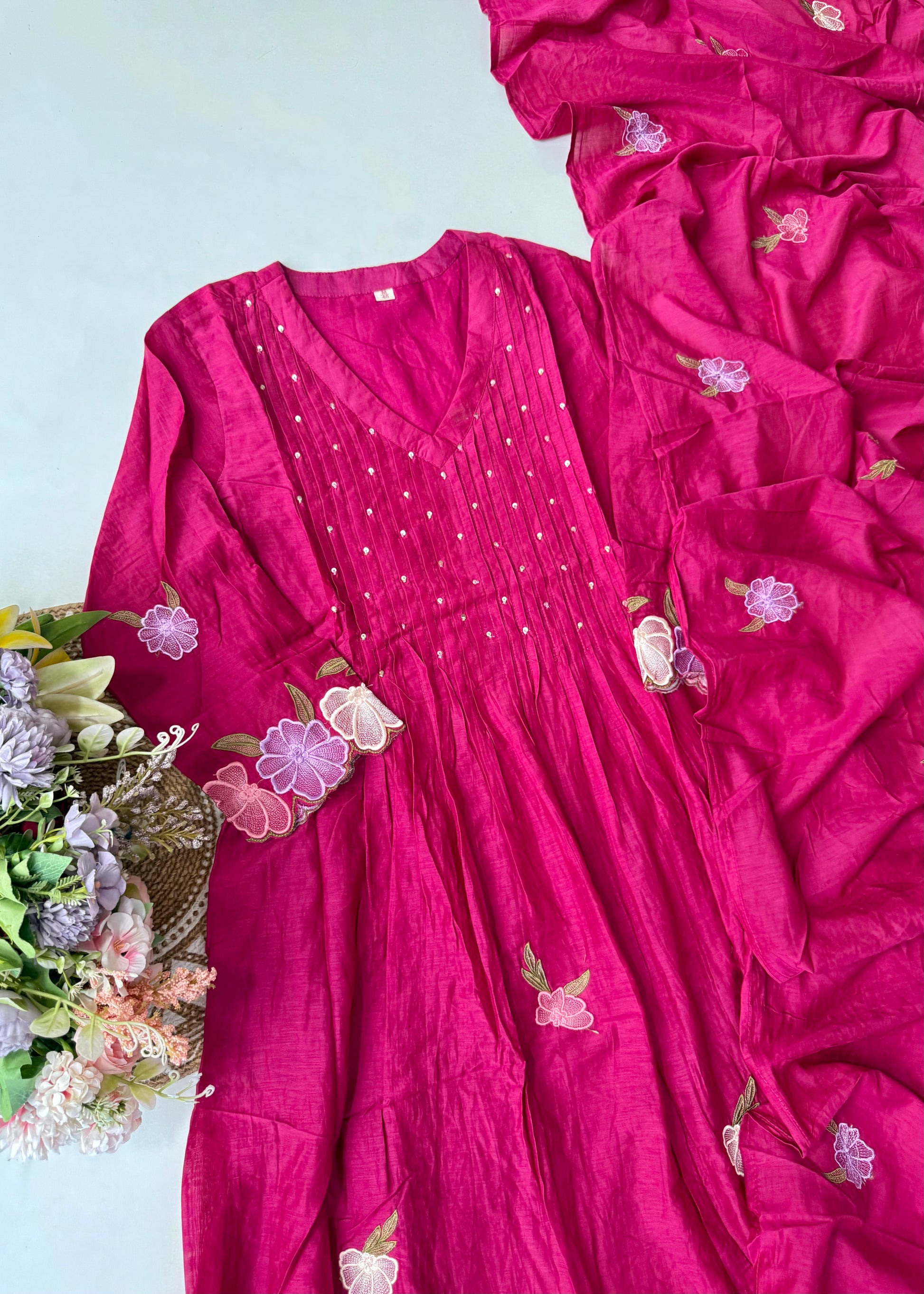 “Jhanvi” Luxury Mul Chanderi Anarkali Set | Appliqué Embroidery | Dupatta & Bottom