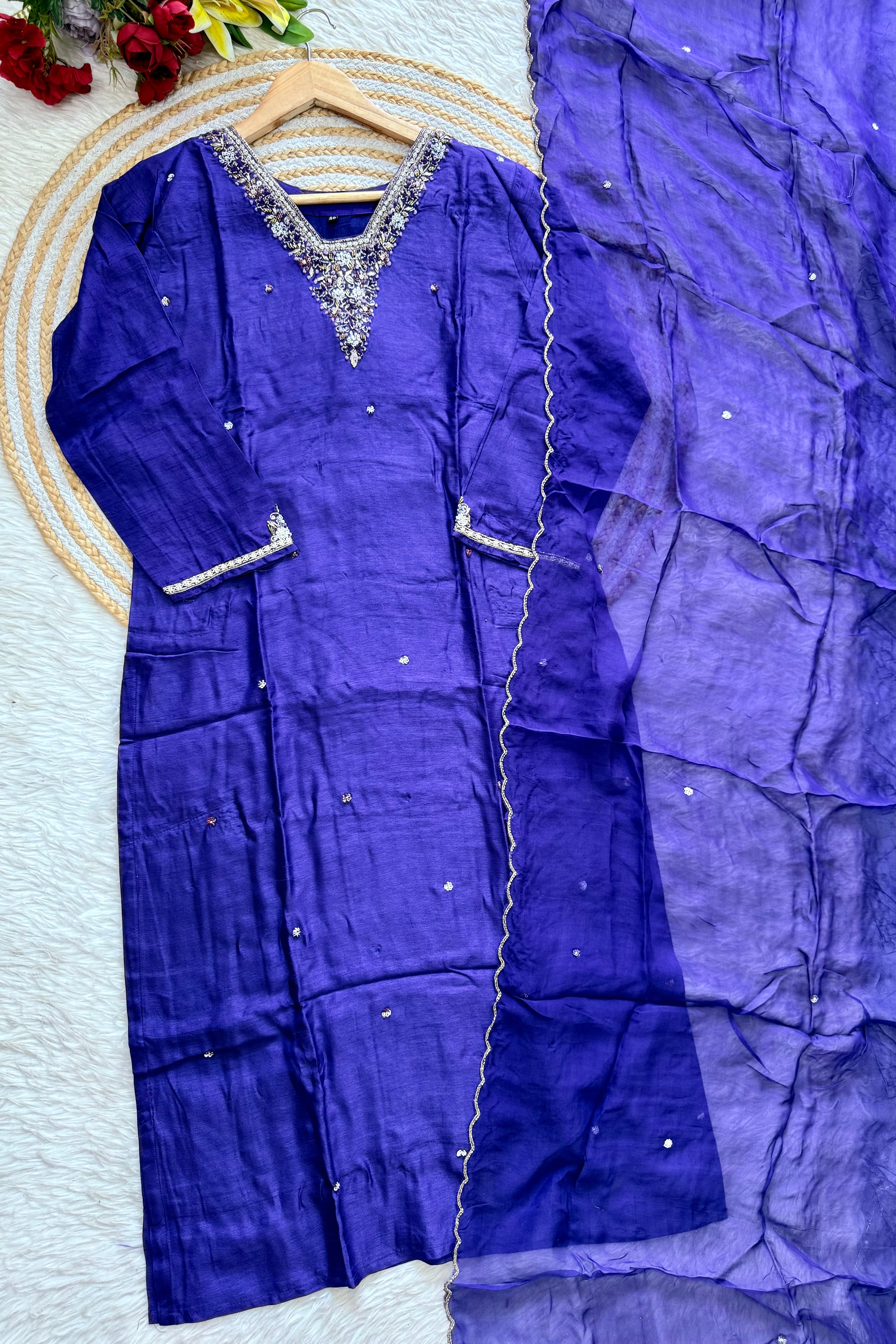 “Aura” V neck handcrafted dola silk kurti set