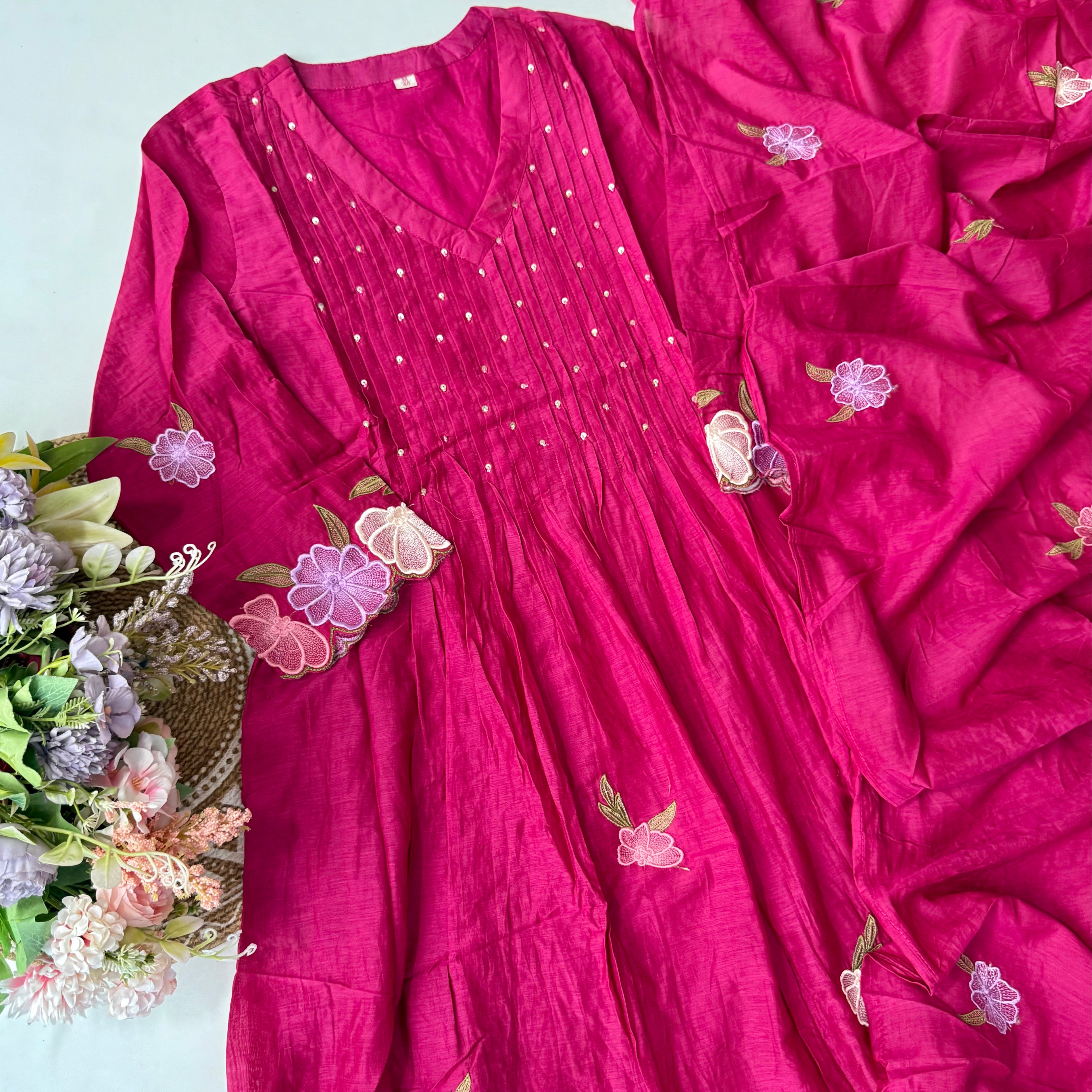 “Jhanvi” Luxury Mul Chanderi Anarkali Set | Appliqué Embroidery | Dupatta & Bottom