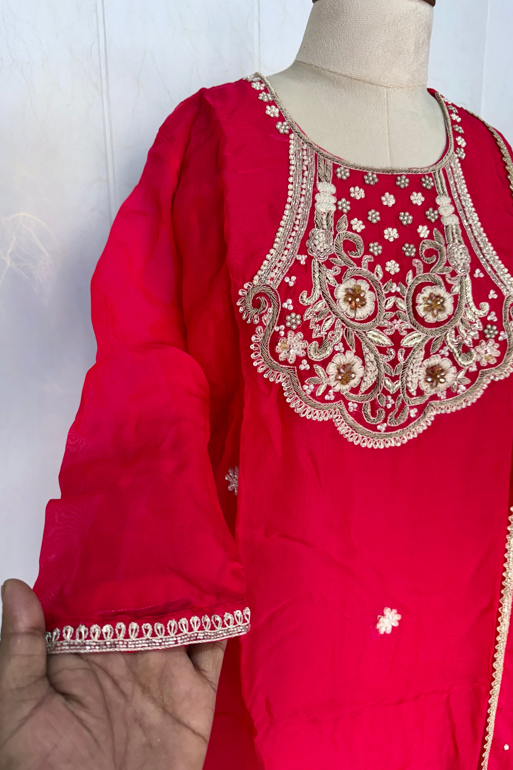 “Farah” party wear pink shade chinnon handwork set