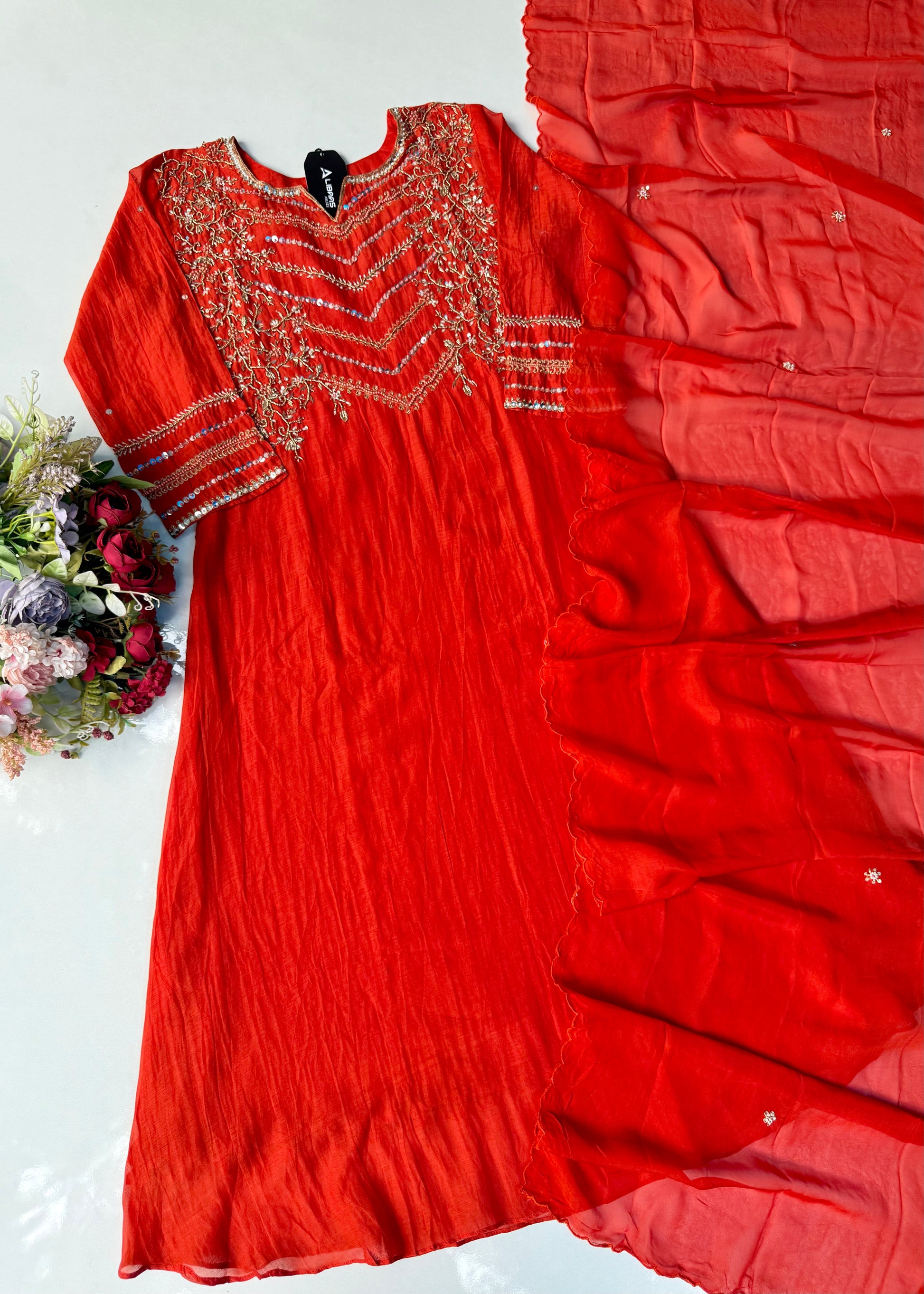 “Chanda” Premium karwa orange mul chanderi A line kurta set