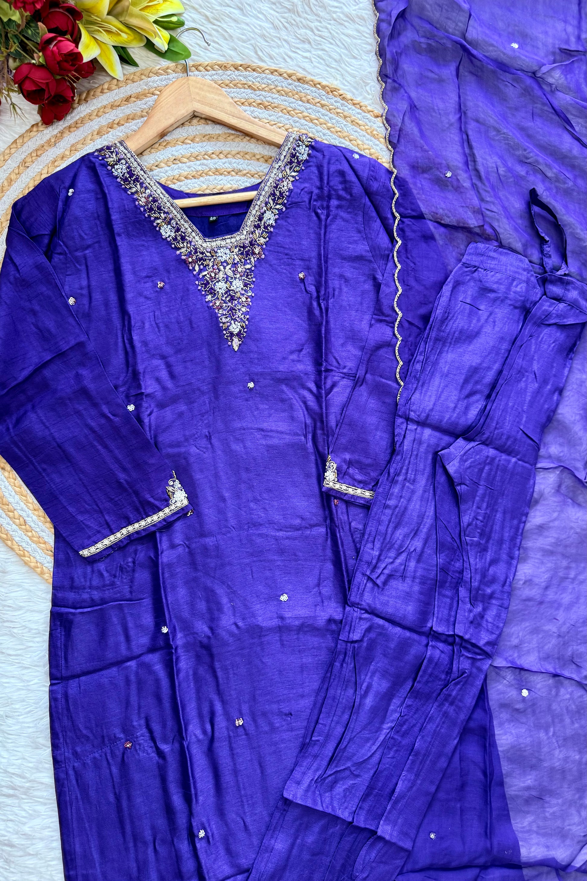 “Aura” V neck handcrafted dola silk kurti set