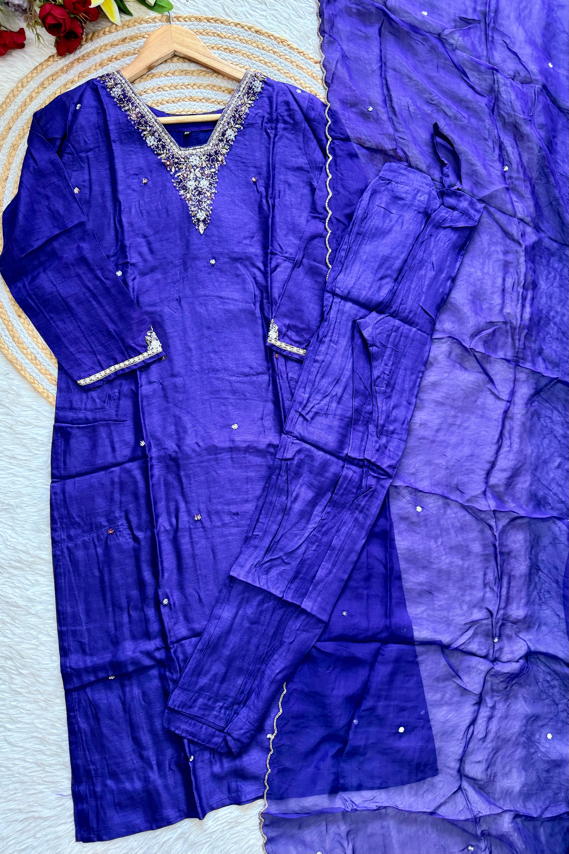 “Aura” V neck handcrafted dola silk kurti set