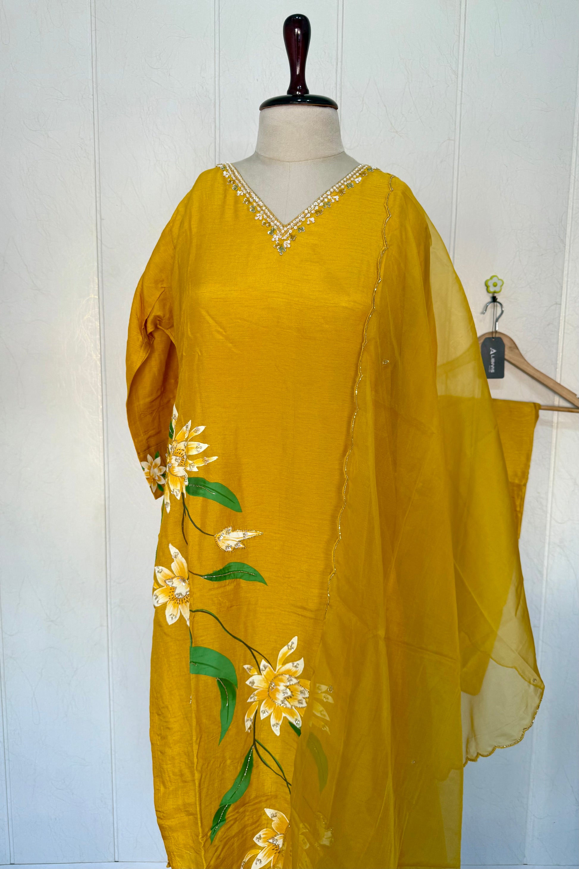 “Yeefa” Mustard Yellow dola silk hand print kurta set