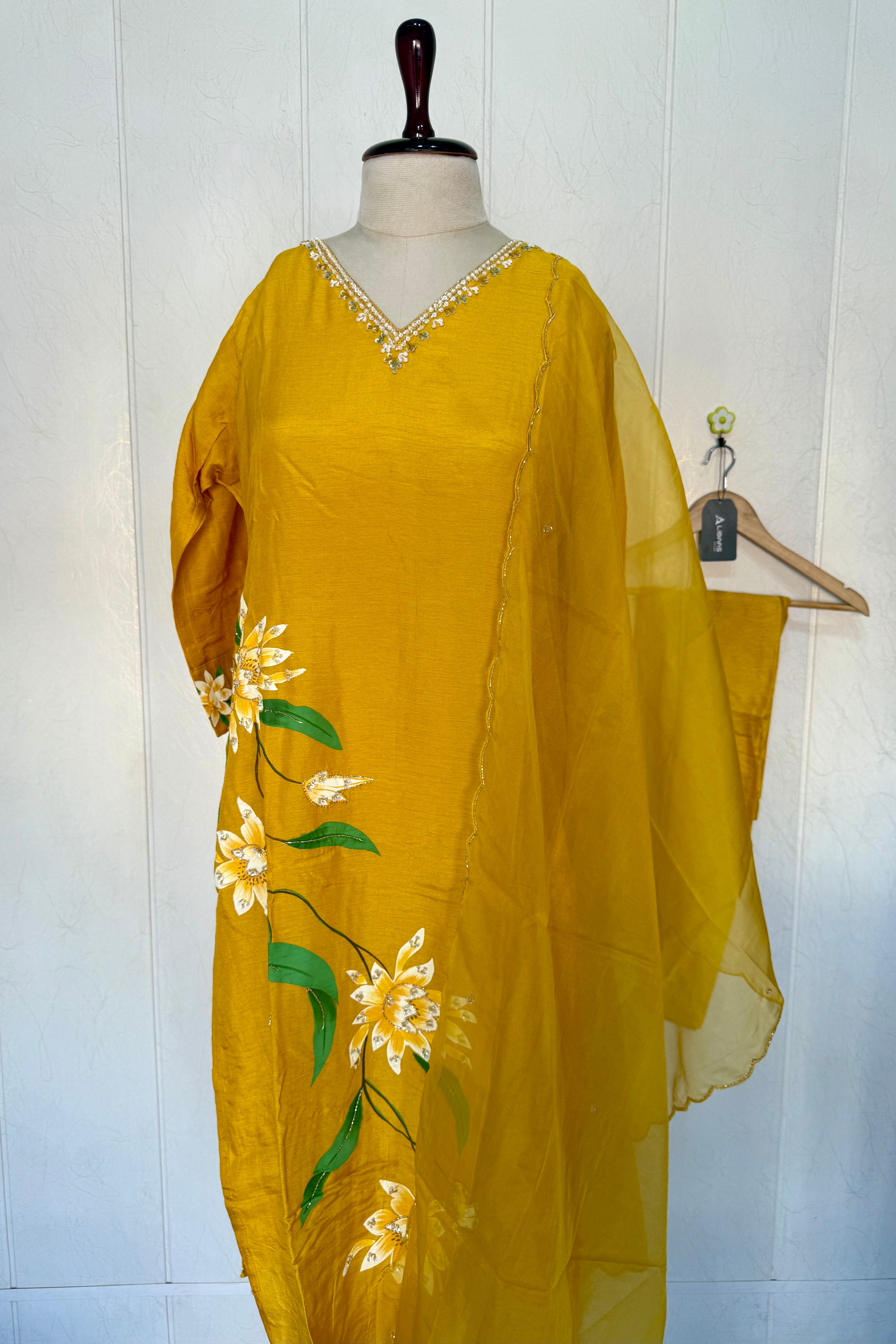 “Yeefa” Mustard Yellow dola silk hand print kurta set