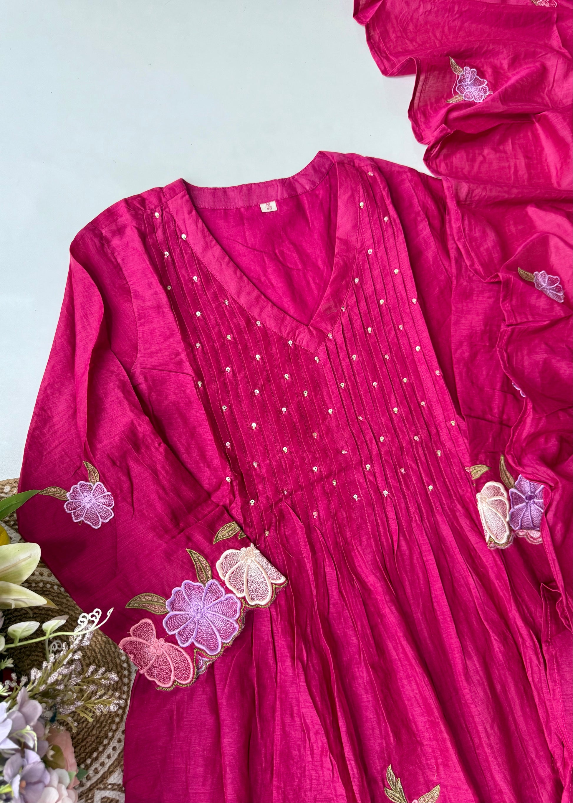 “Jhanvi” Luxury Mul Chanderi Anarkali Set | Appliqué Embroidery | Dupatta & Bottom