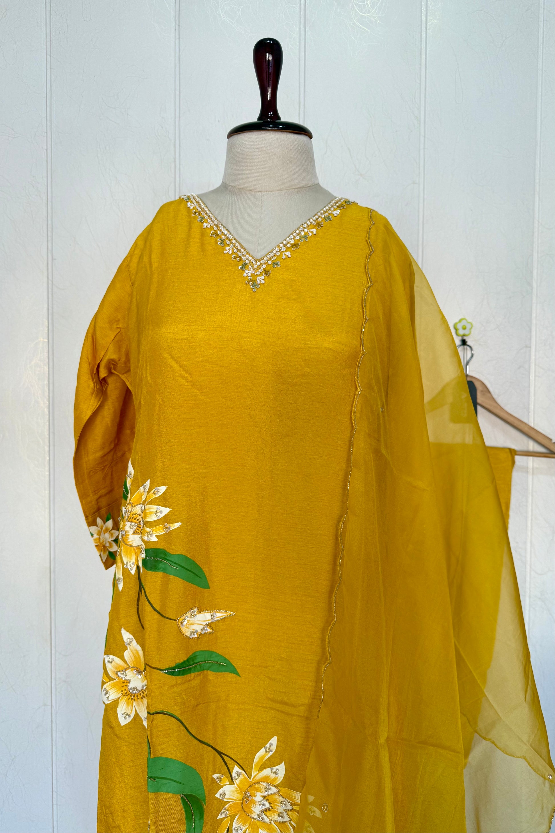 “Yeefa” Mustard Yellow dola silk hand print kurta set