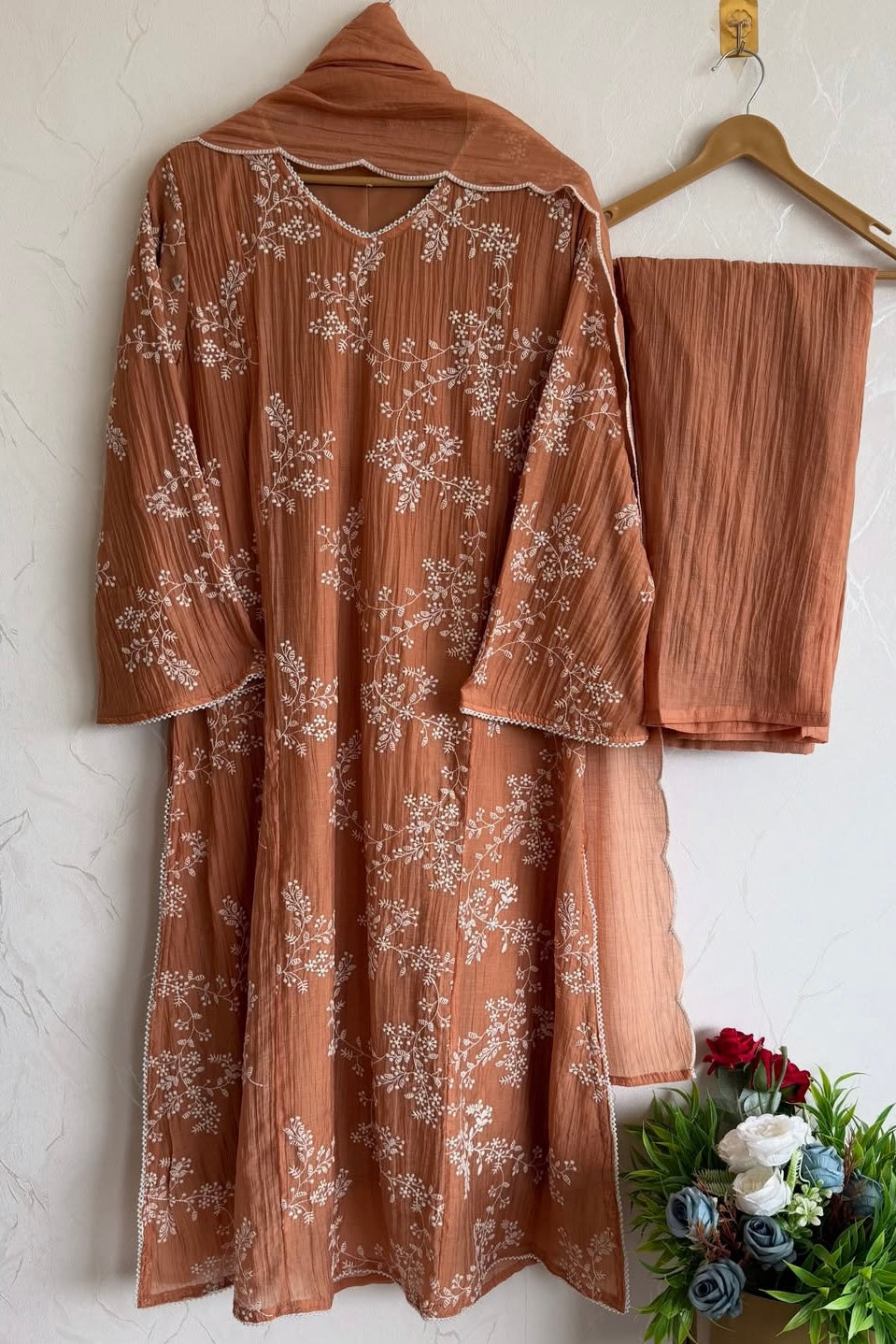 “Elina” Peach Imported Crushed A Line Suit set 🛍️