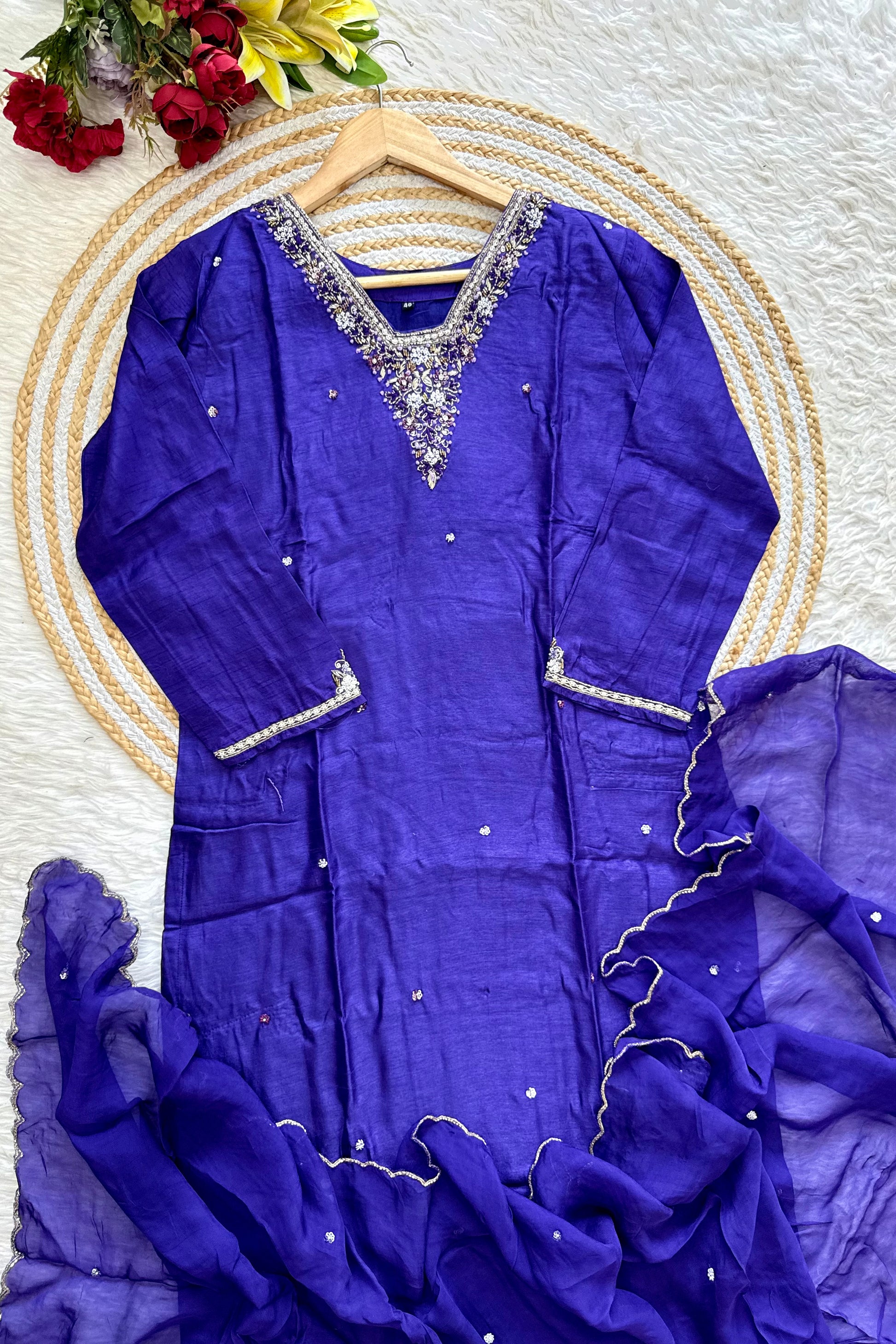 “Aura” V neck handcrafted dola silk kurti set