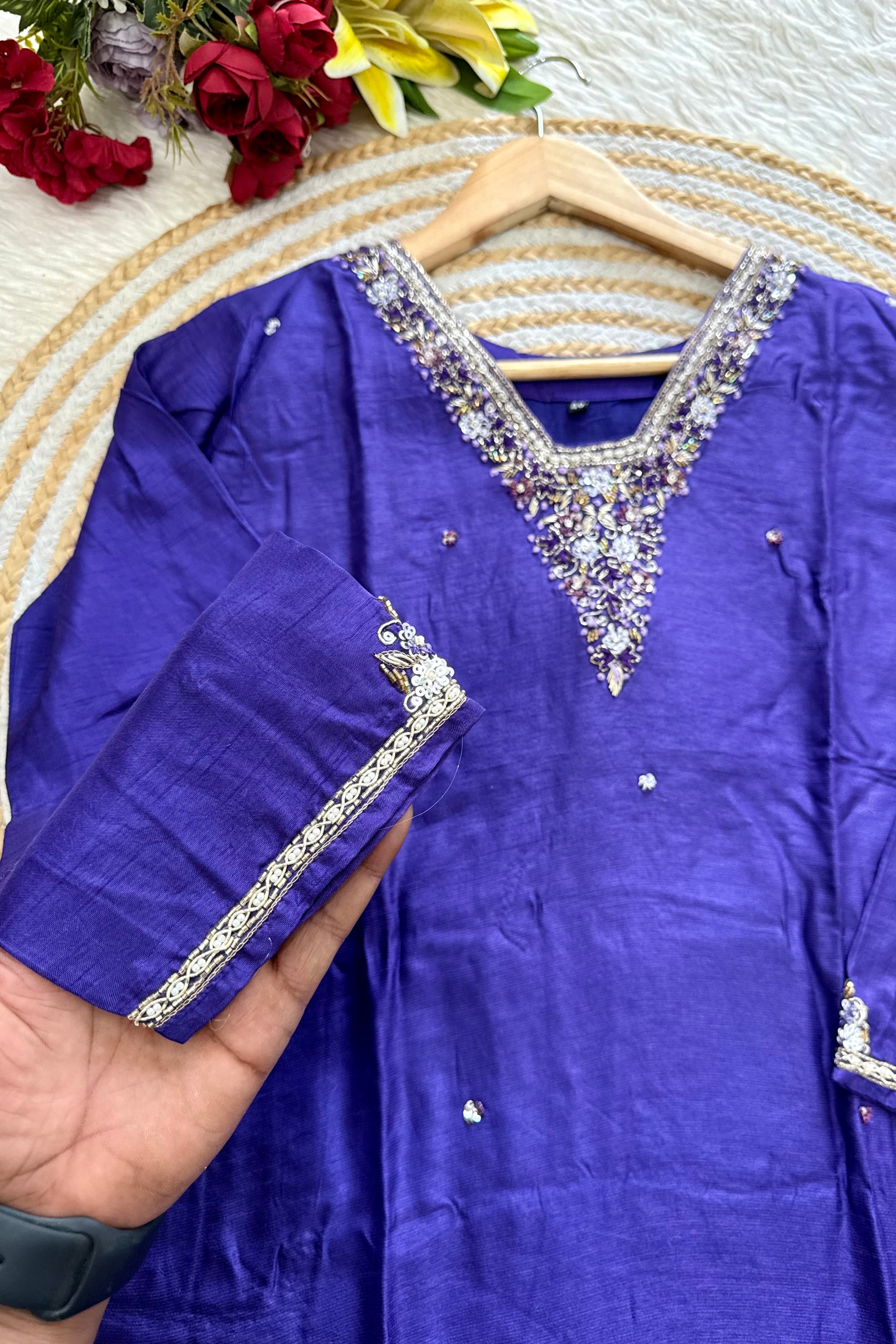 “Aura” V neck handcrafted dola silk kurti set