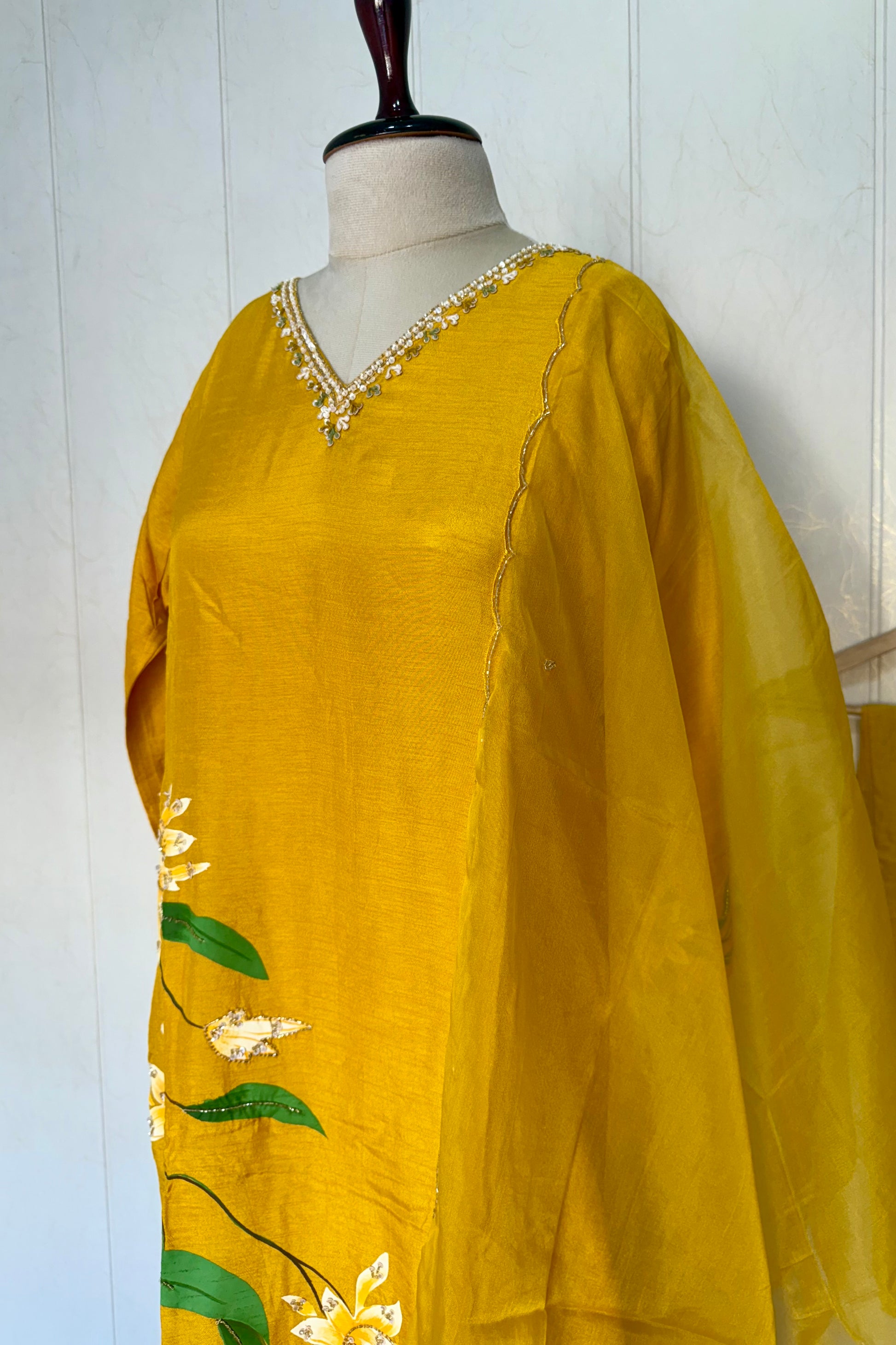 “Yeefa” Mustard Yellow dola silk hand print kurta set