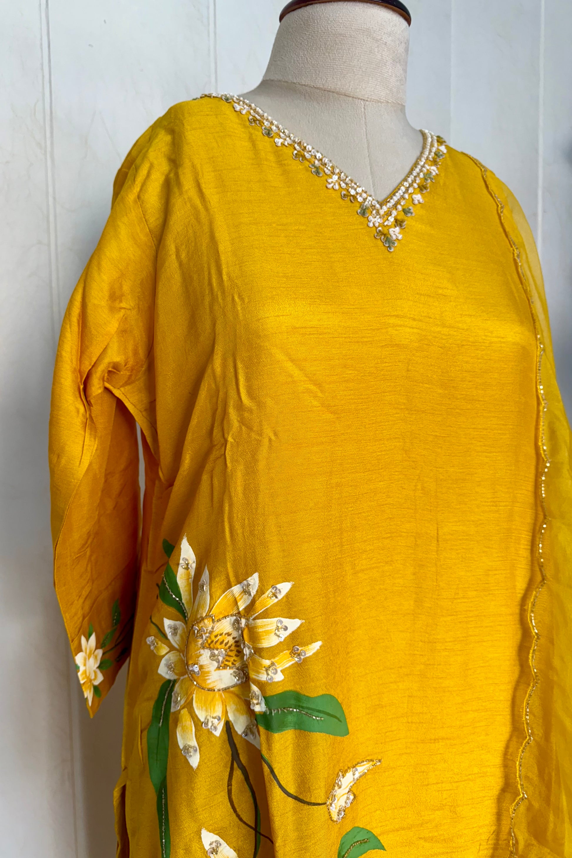 “Yeefa” Mustard Yellow dola silk hand print kurta set