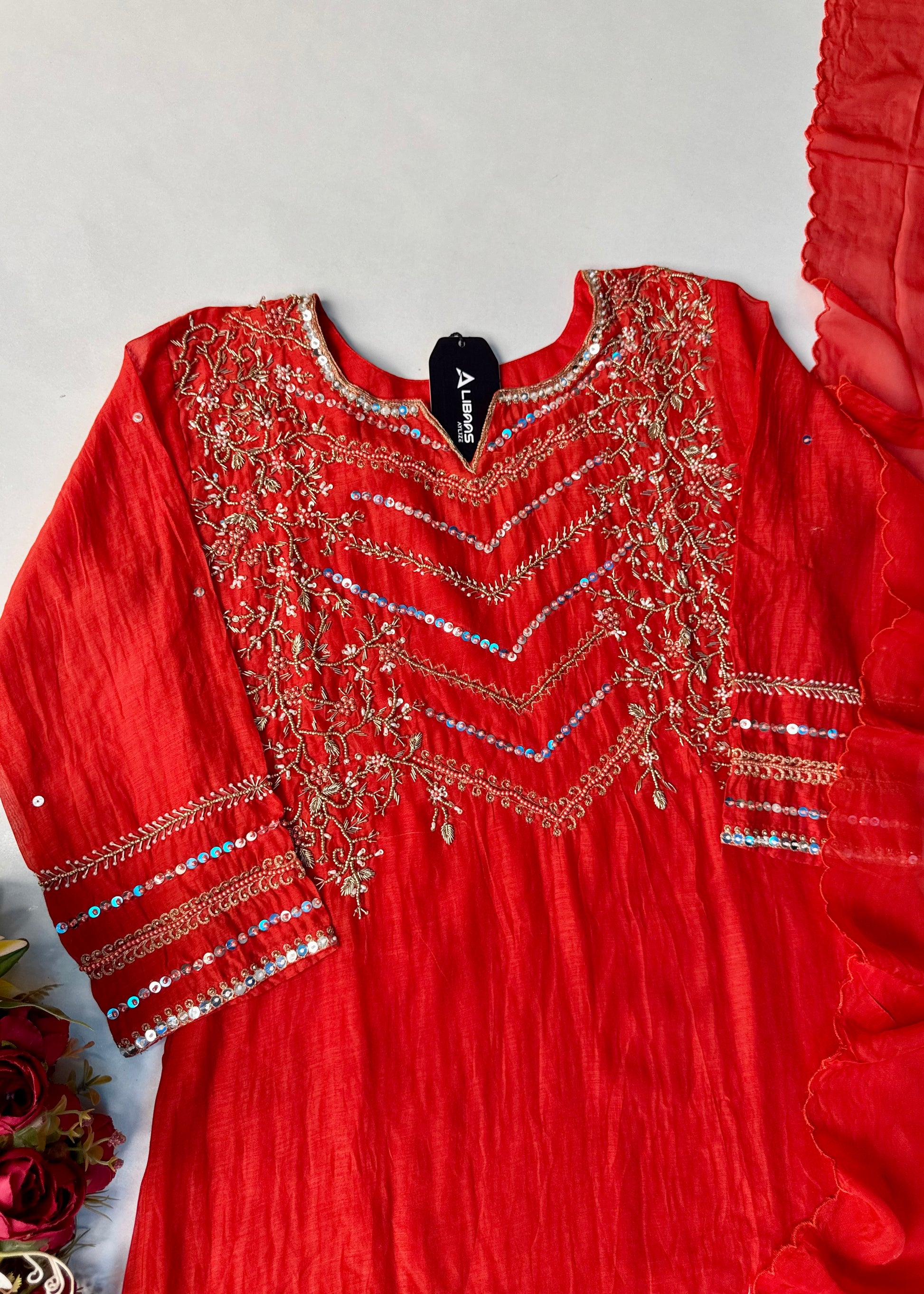 “Chanda” Premium karwa orange mul chanderi A line kurta set