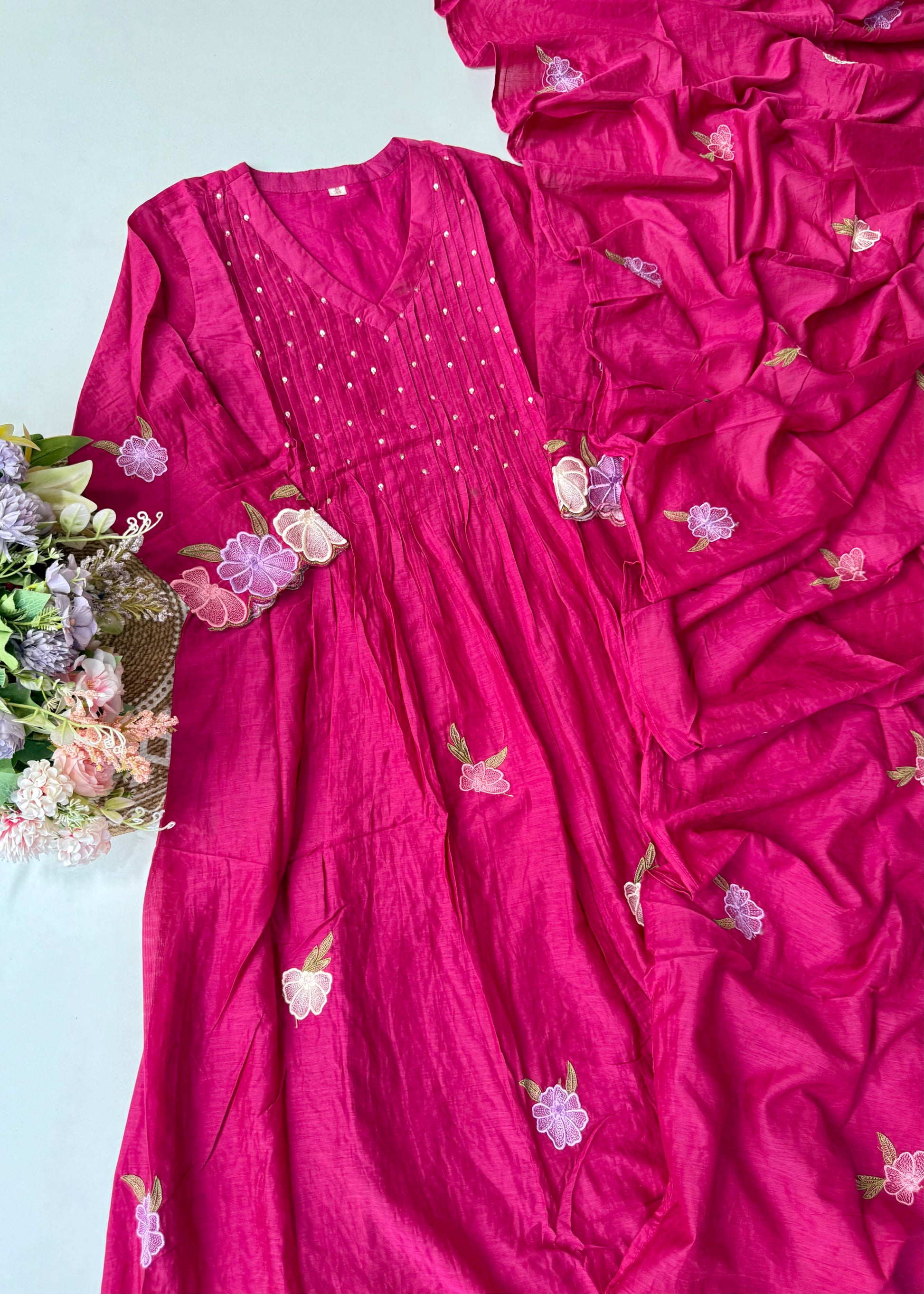 “Jhanvi” Luxury Mul Chanderi Anarkali Set | Appliqué Embroidery | Dupatta & Bottom
