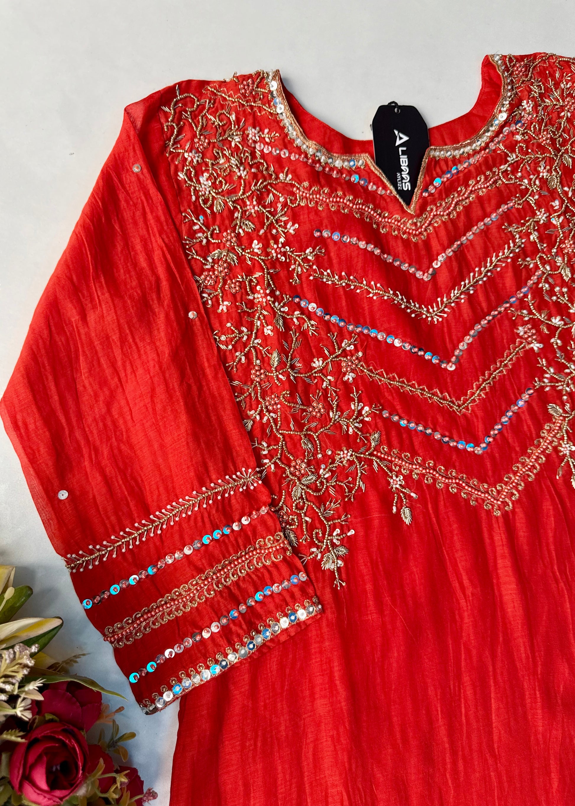 “Chanda” Premium karwa orange mul chanderi A line kurta set