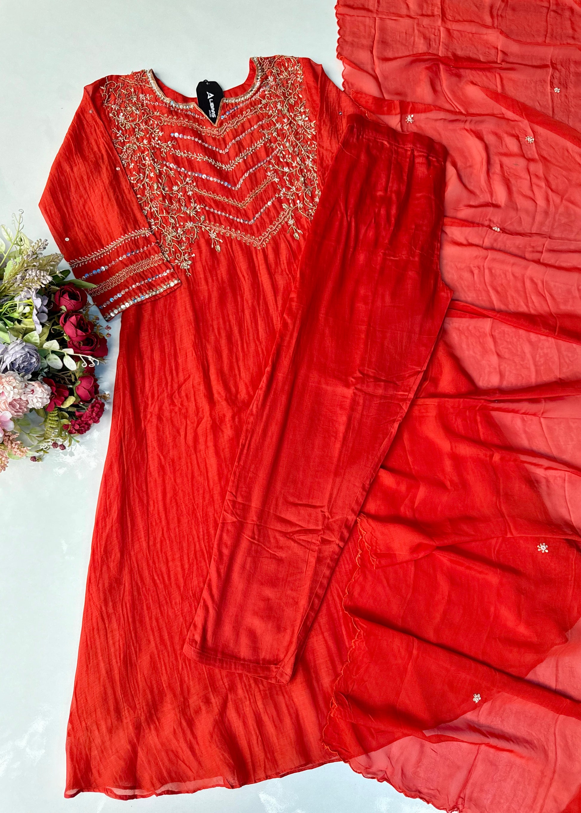 “Chanda” Premium karwa orange mul chanderi A line kurta set