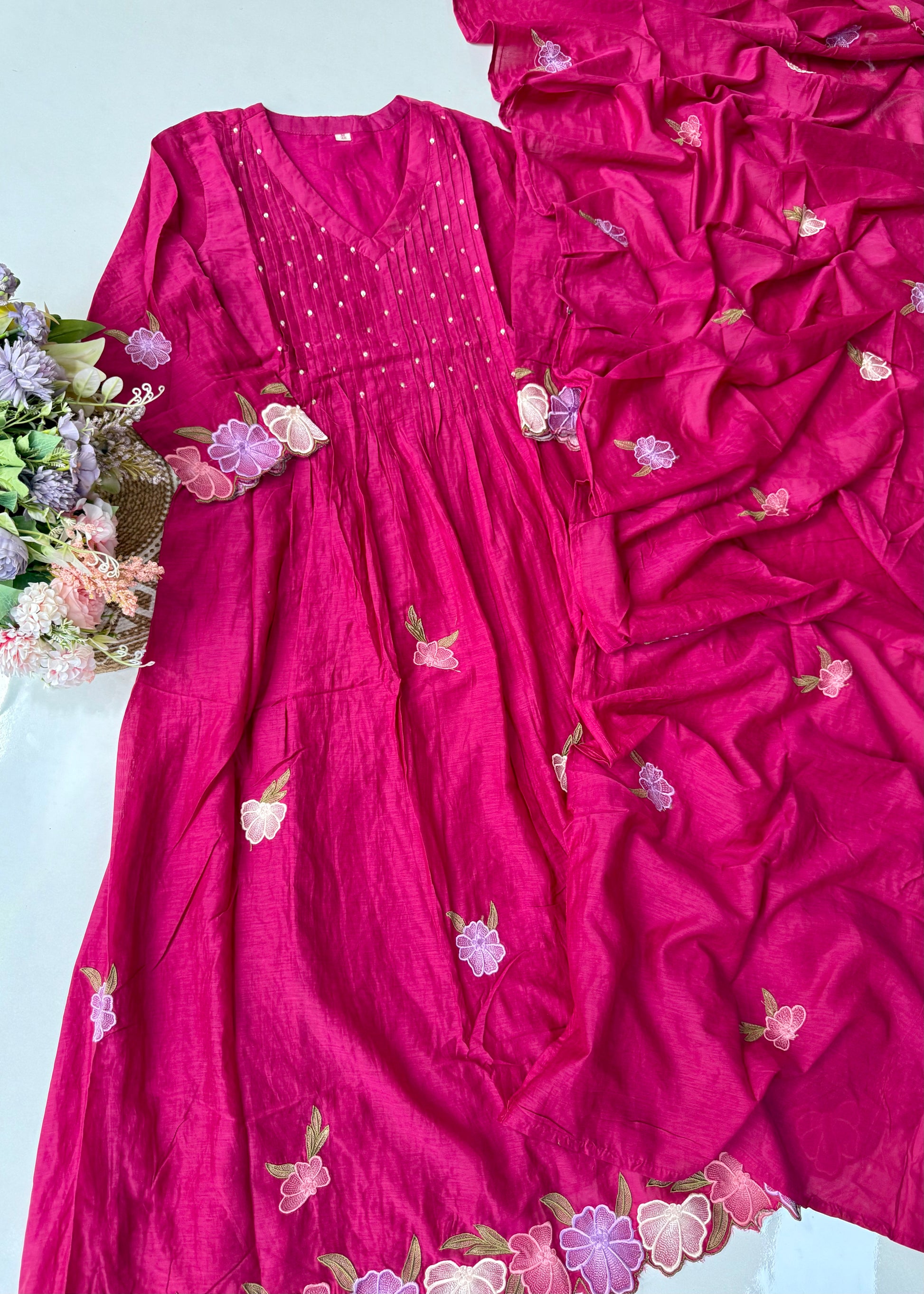 “Jhanvi” Luxury Mul Chanderi Anarkali Set | Appliqué Embroidery | Dupatta & Bottom
