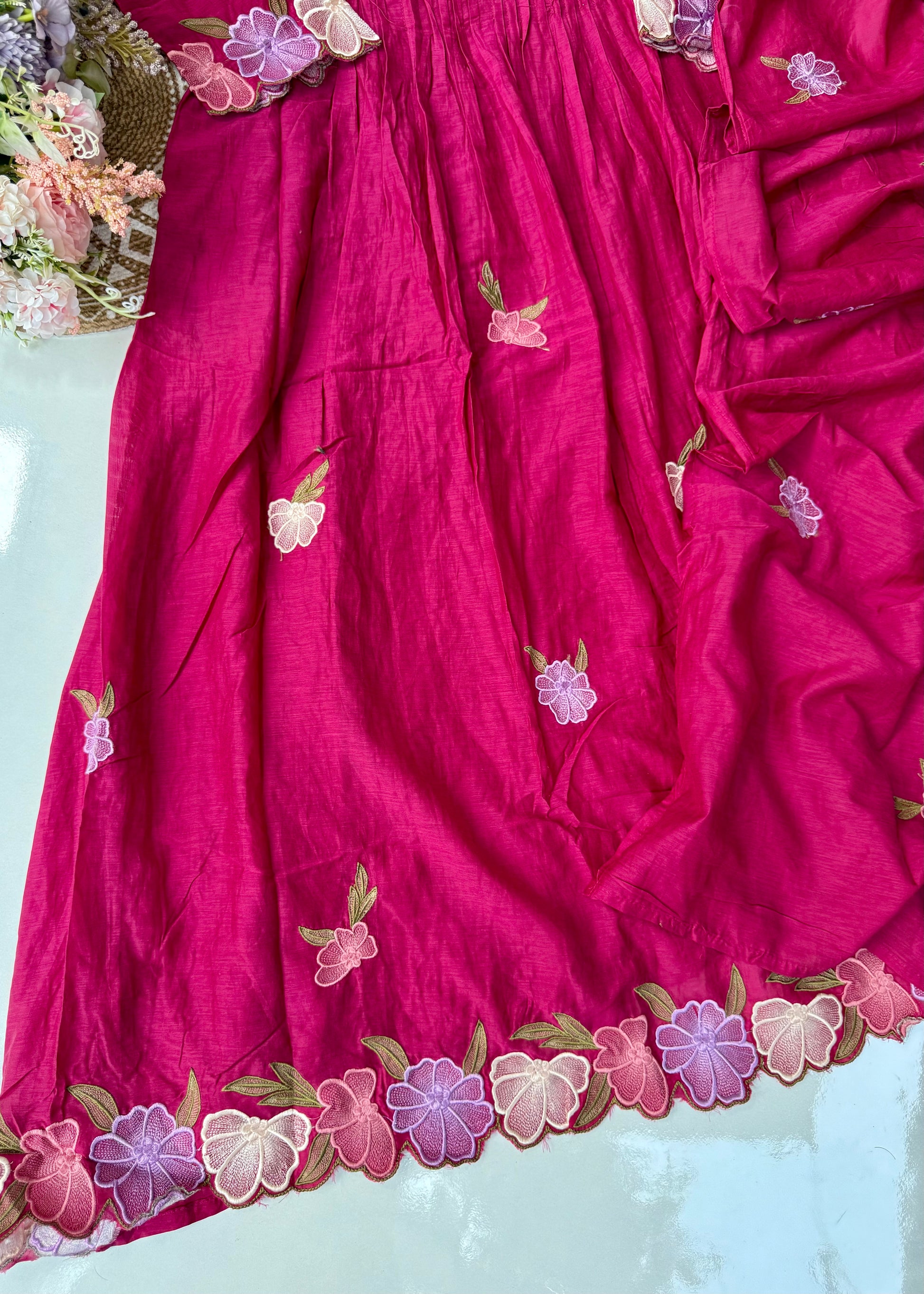 “Jhanvi” Luxury Mul Chanderi Anarkali Set | Appliqué Embroidery | Dupatta & Bottom